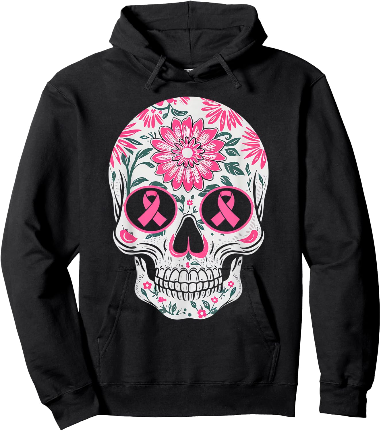 Pink Ribbon Skull Skeleton Breast Cancer Awareness Hoodie - Hoodie | Black