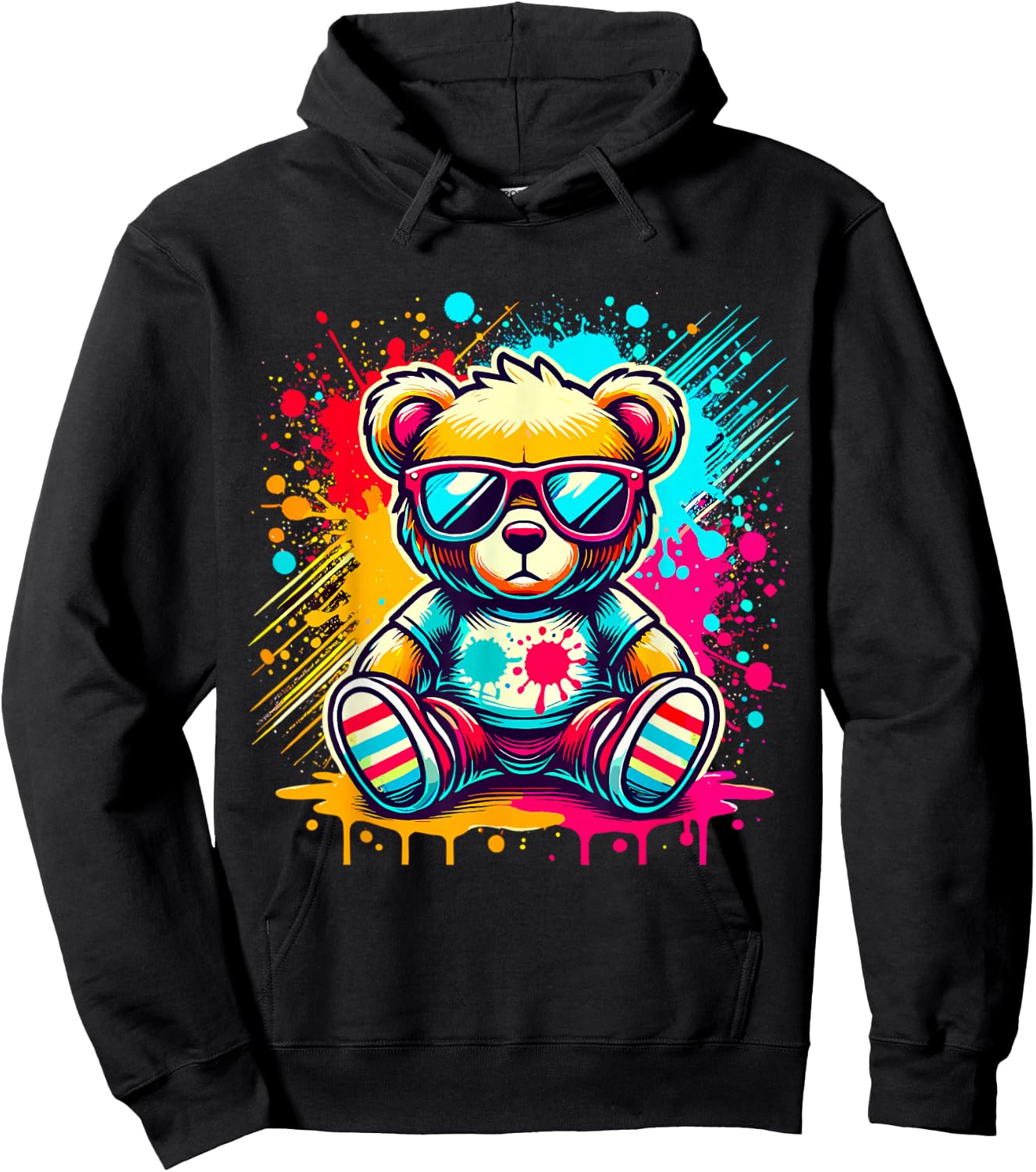 Colorful Teddy Bear with Sunglasses Hoodie - Hoodie | Black