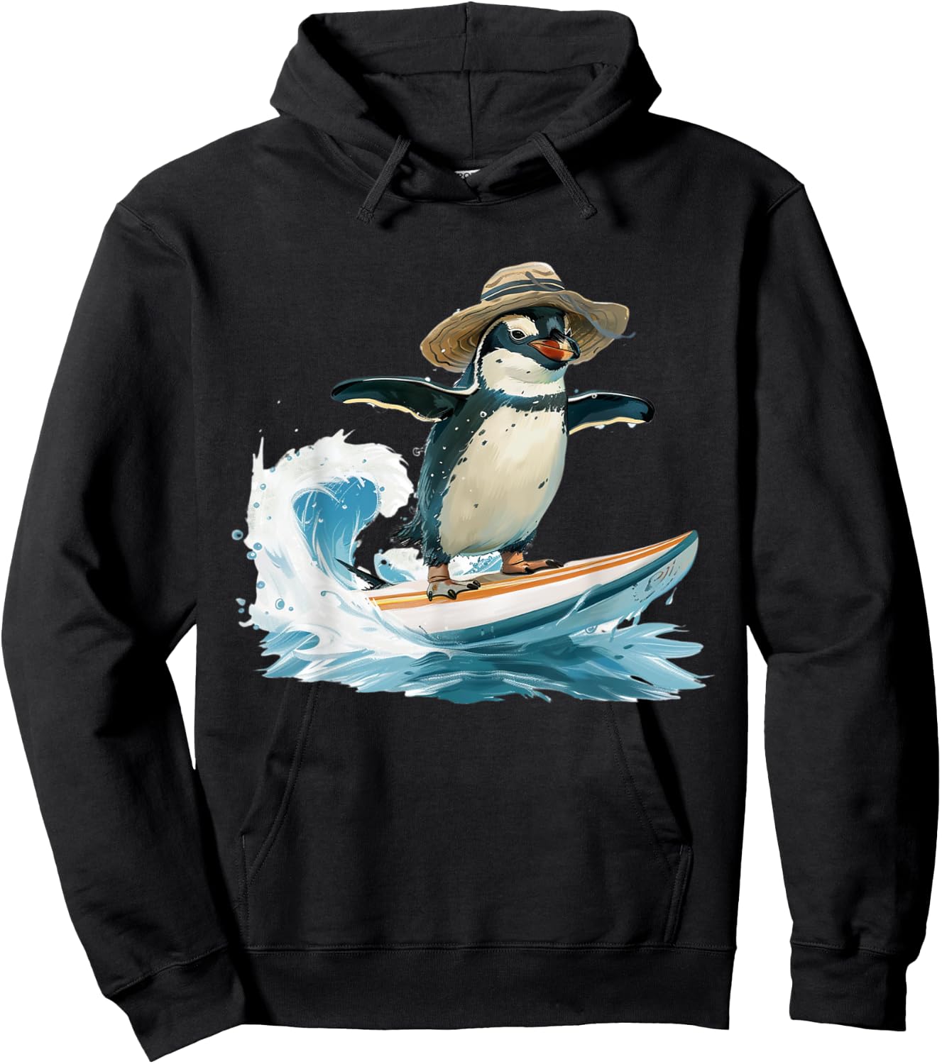 Surfing Penguin in Straw Hat Fun Beach Design Men Women Hoodie - Hoodie | Black