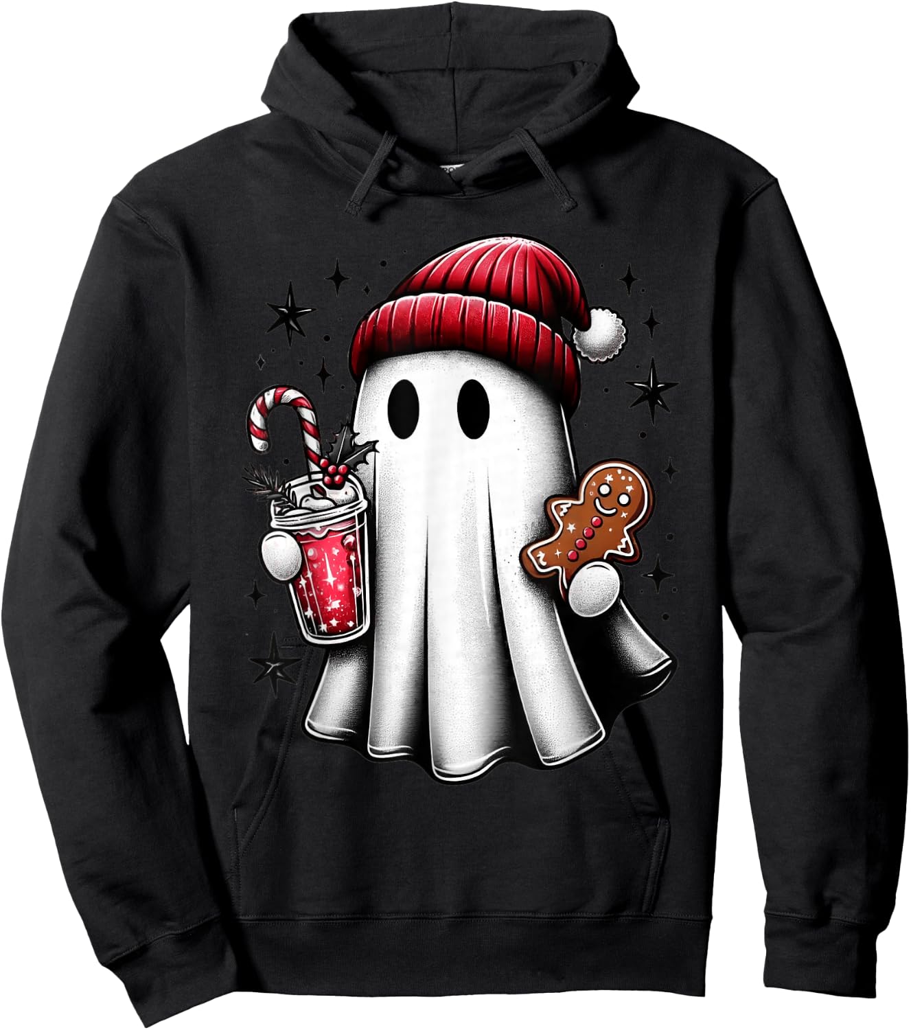Cute Santa Ghost Drinking Coffee Ice Coffee Christmas Pajama Hoodie - Hoodie | Black
