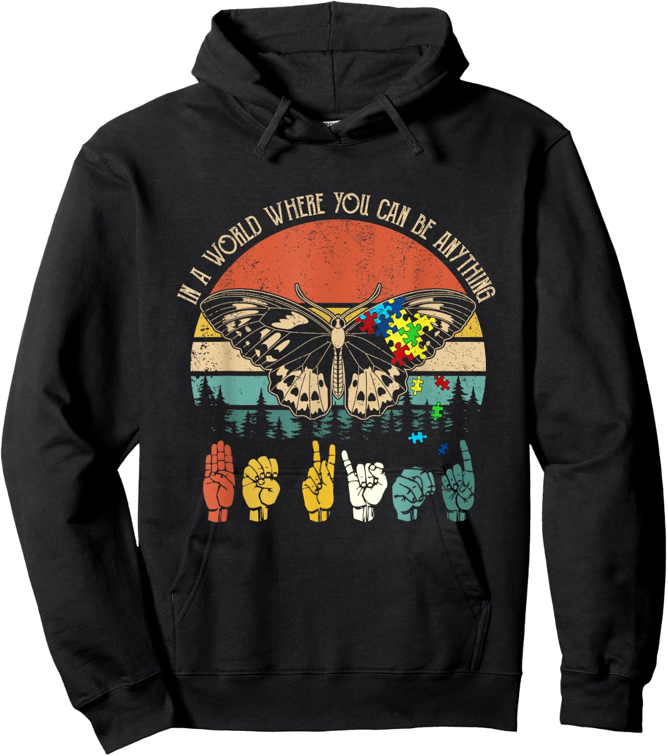 Be Kind Sign Language Be Anything Vintage Autism Butterfly Hoodie - Hoodie | Black