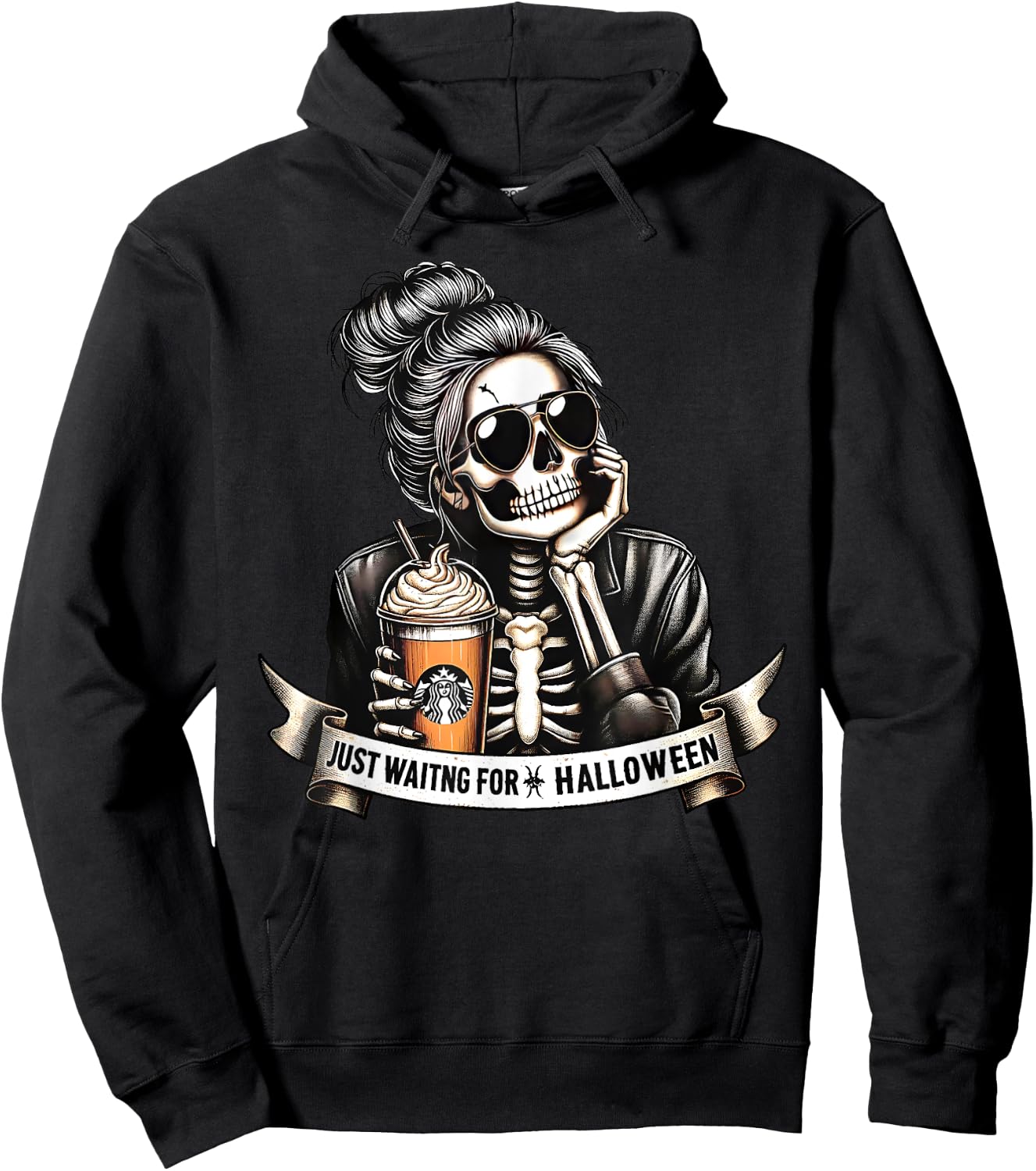 Just Waiting For Halloween Spooky Season Skeleton Coffee Hoodie - Hoodie | Black