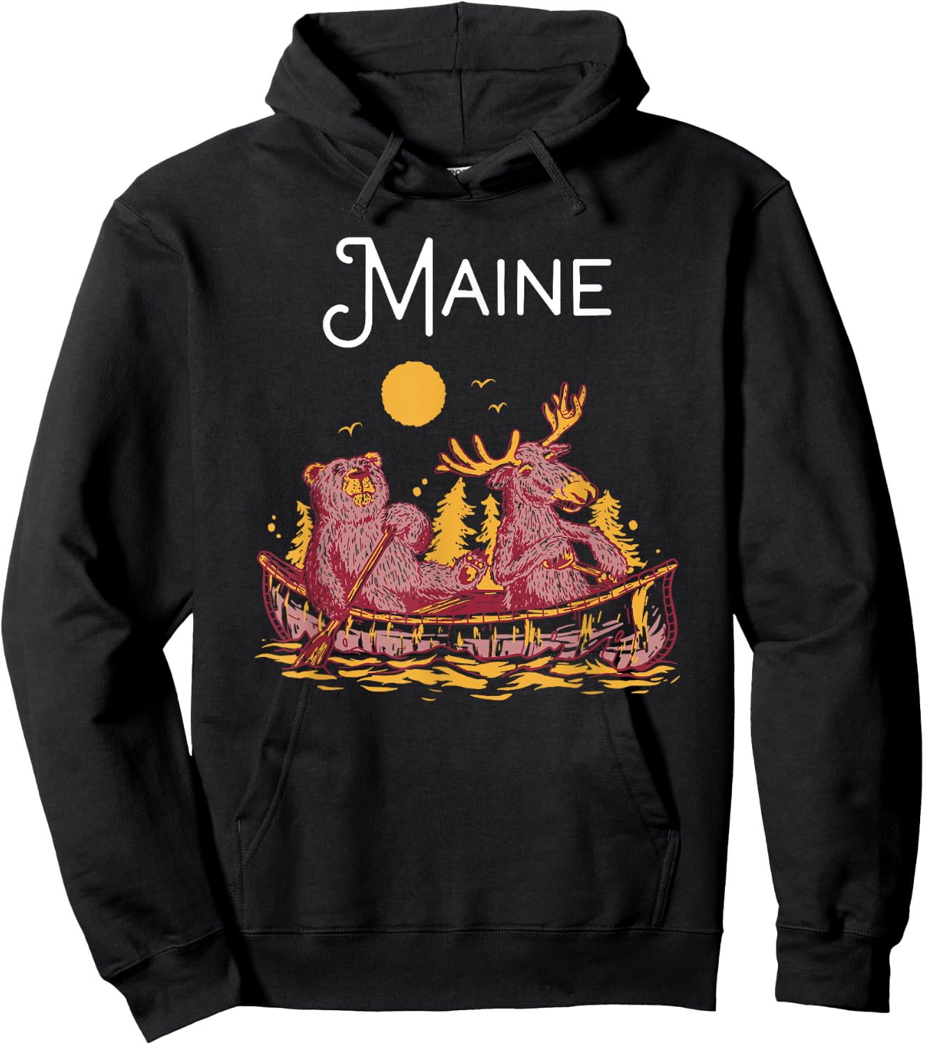 Maine Shirt Funny Canoe Moose Elk Bear Lake Canoeing Hoodie - Hoodie | Black