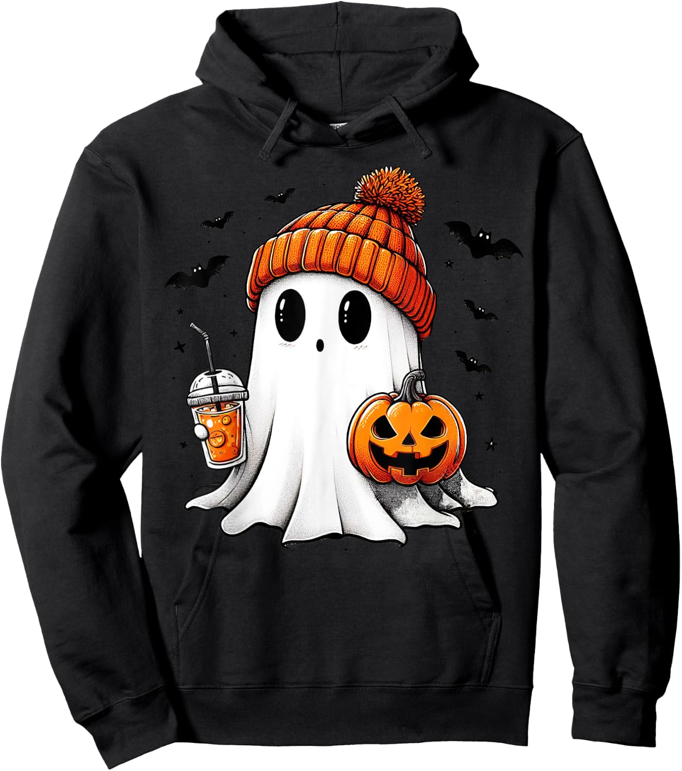 Cute Ghost Drinking Coffee Halloween Ghost Ice Coffee Hoodie - Hoodie | Black