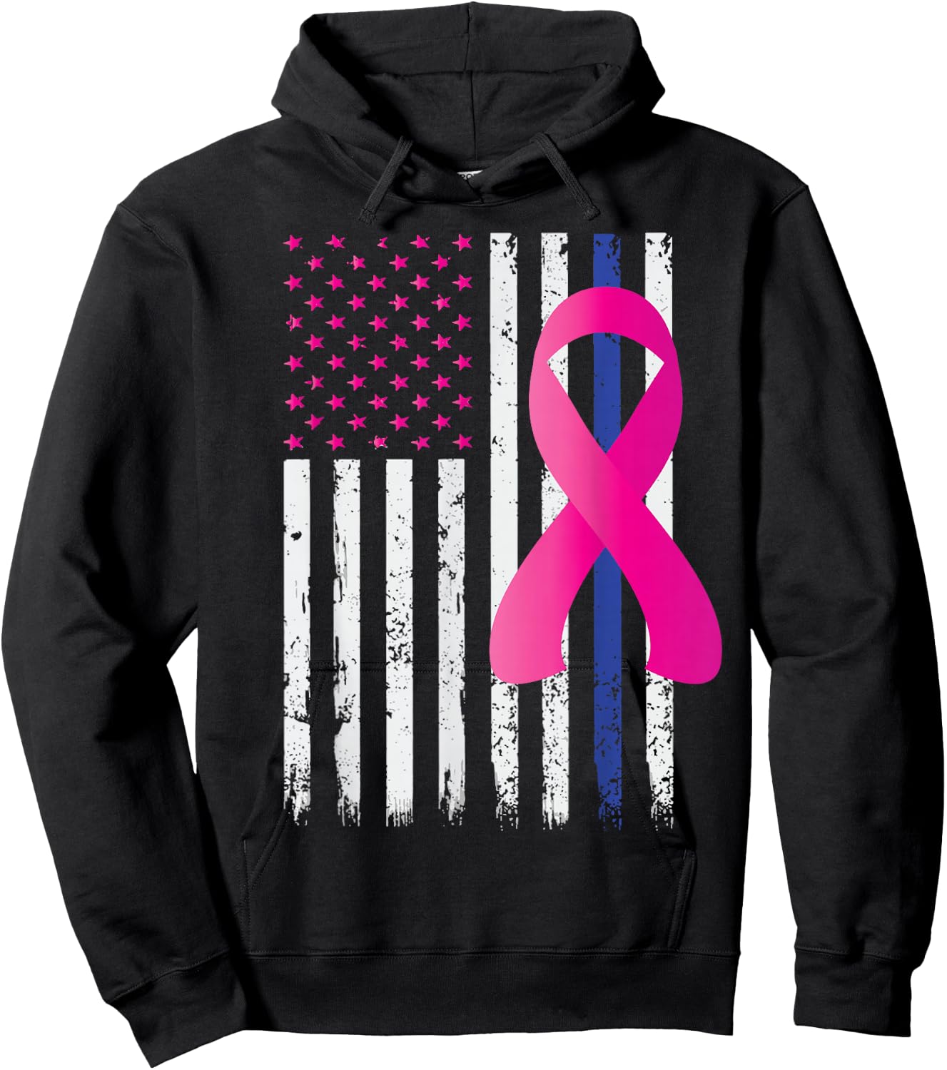 Breast Cancer Awareness Ribbon Thin Blue Line Police Flag Hoodie - Hoodie | Black