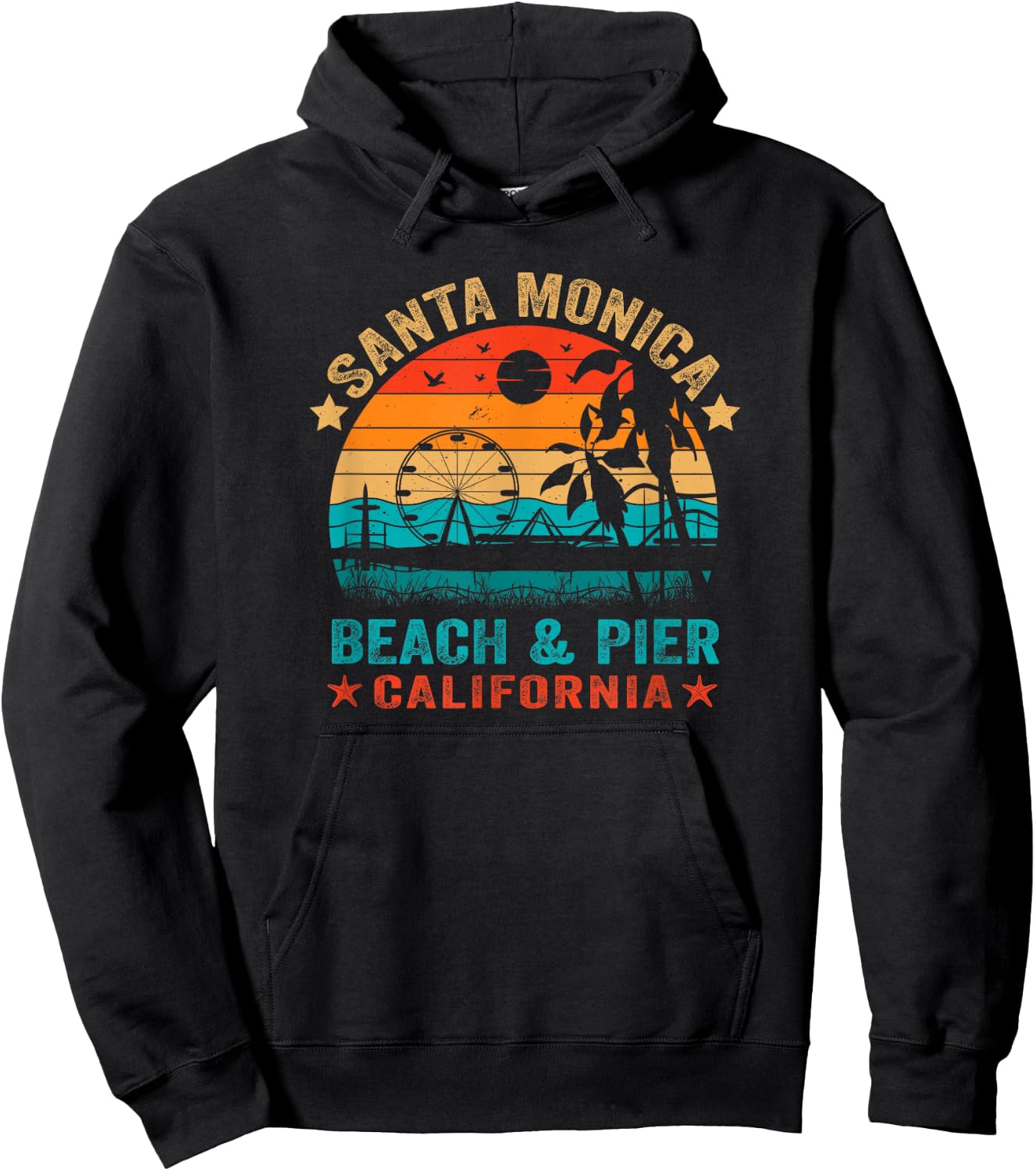 Santa Monica California USA Retro Beach Pier Ocean Sunset Hoodie - Hoodie | Black