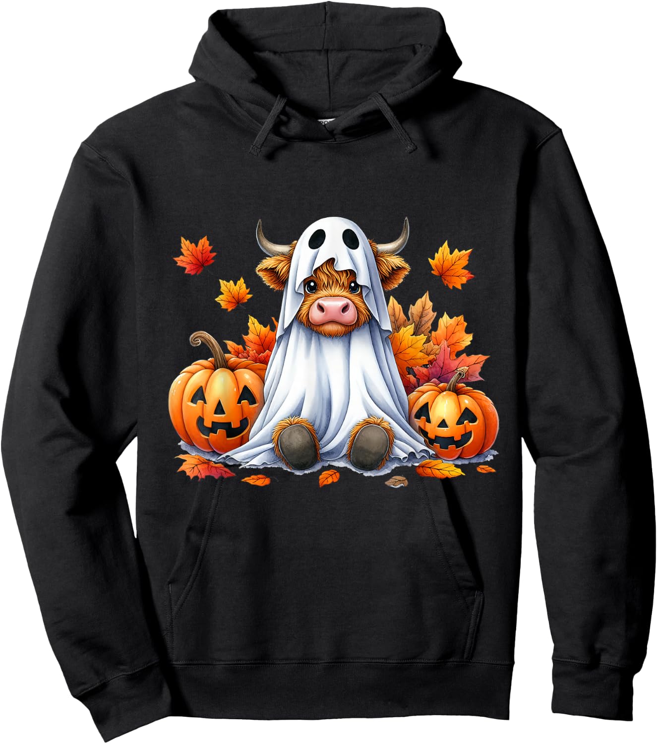 Funny Halloween Highland Cow Ghost Spooky Pumpkin Hello Fall Hoodie - Hoodie | Black