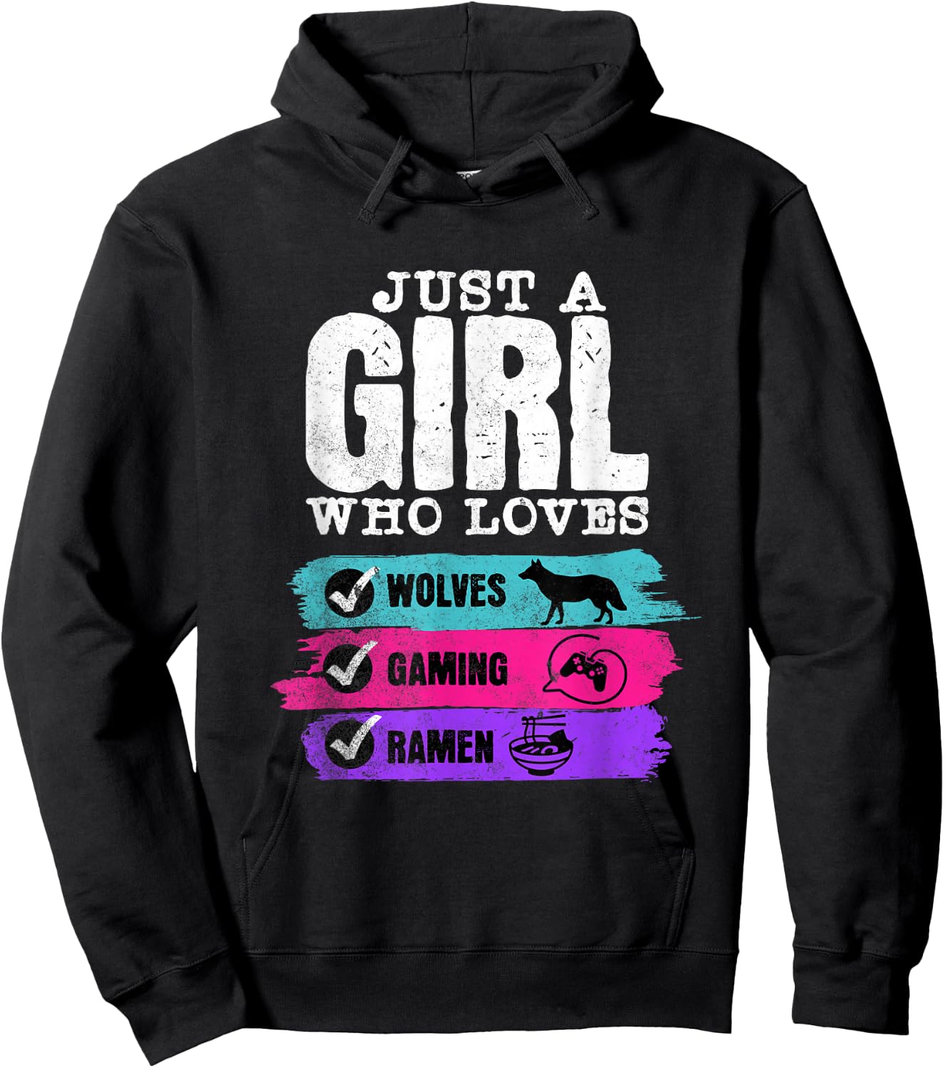 Wolves Gaming Ramen Just a Girl Who Loves Cute Purple Pink Hoodie - Hoodie | Black