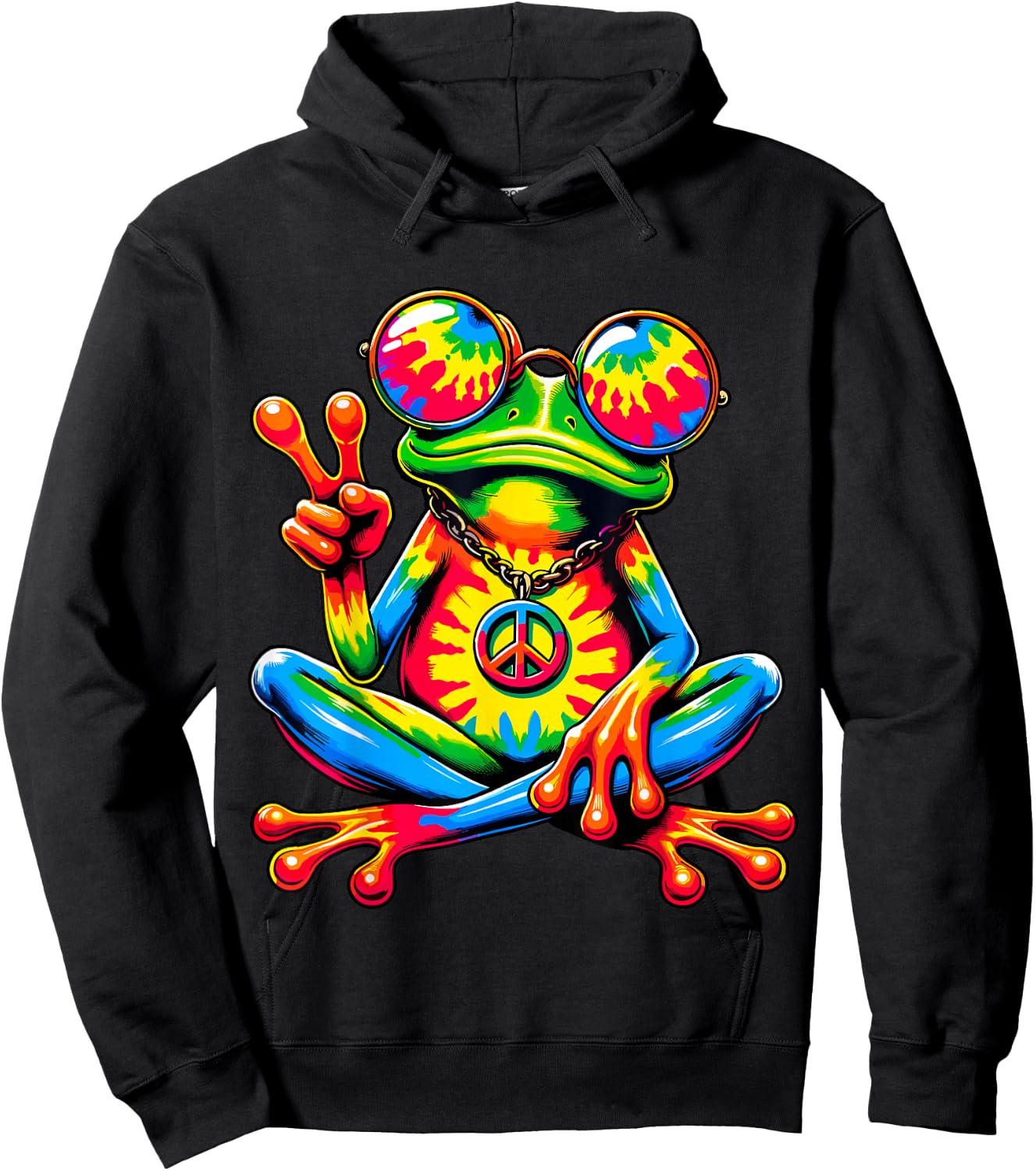 Tie-Dye Peace Frog Peace Sign Hippie Hoodie - Hoodie | Black