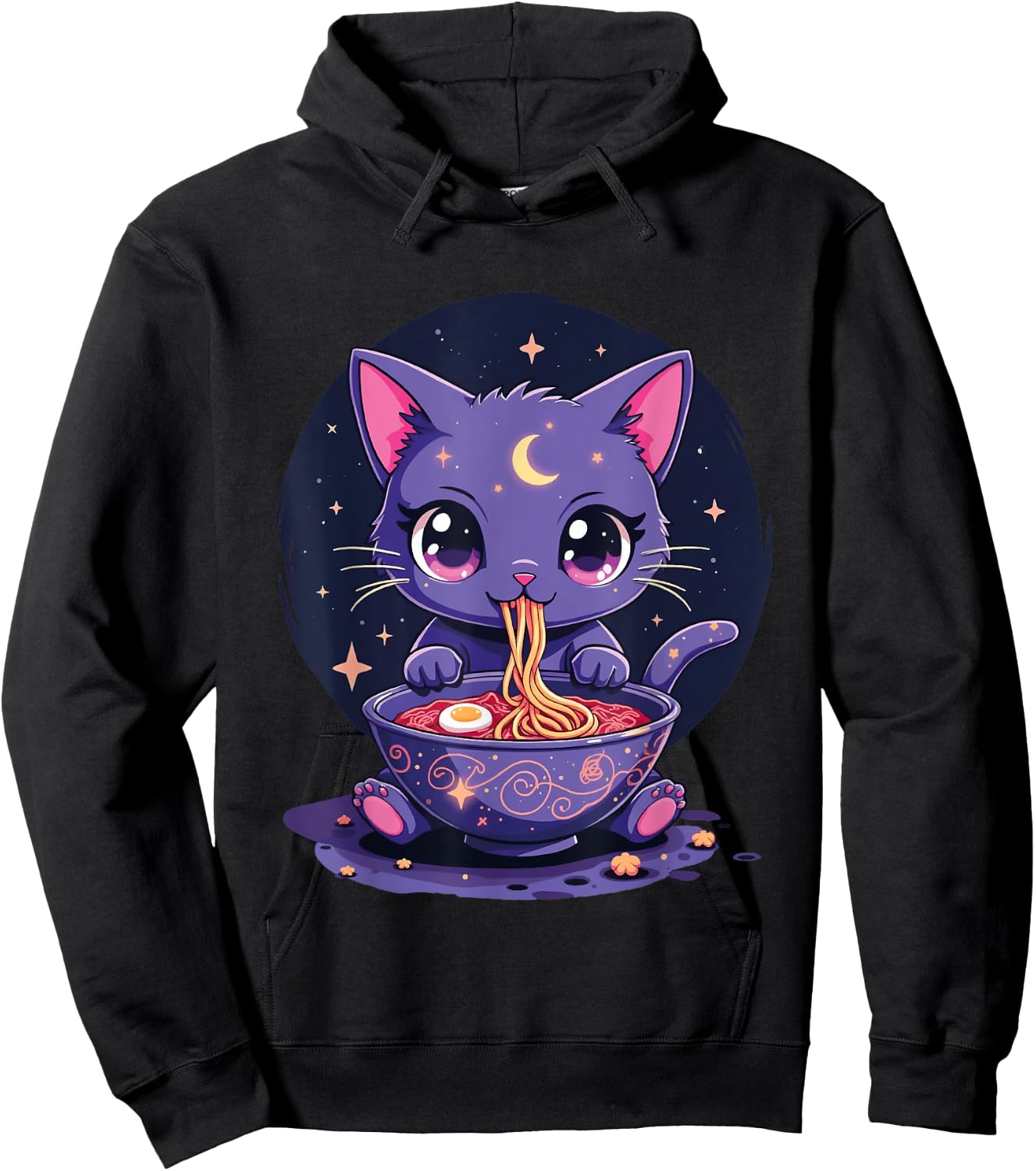 Kawaii Pastel Goth Aesthetic Creepy Cat Eating Ramen Noodles Hoodie - Hoodie | Black