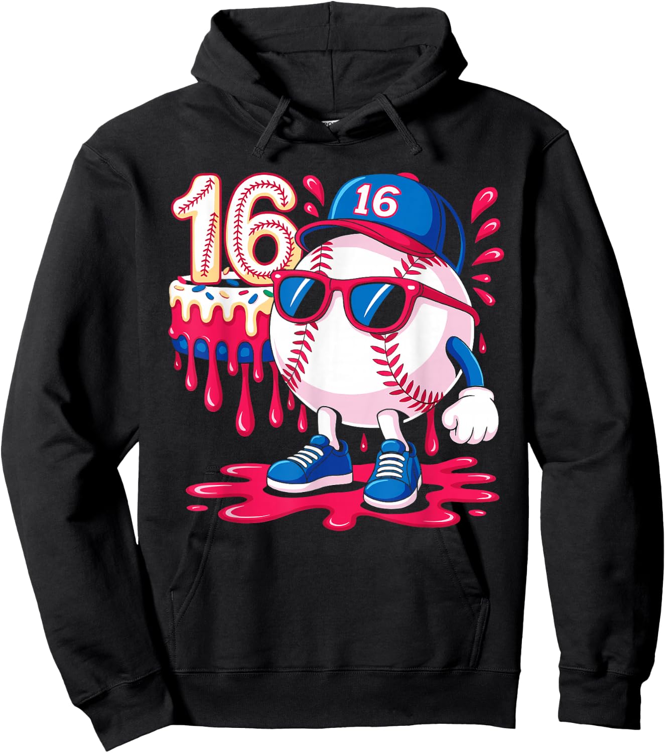Baseball 16 Year Old Ice Cream Drip 16th Birthday Hoodie - Hoodie | Black