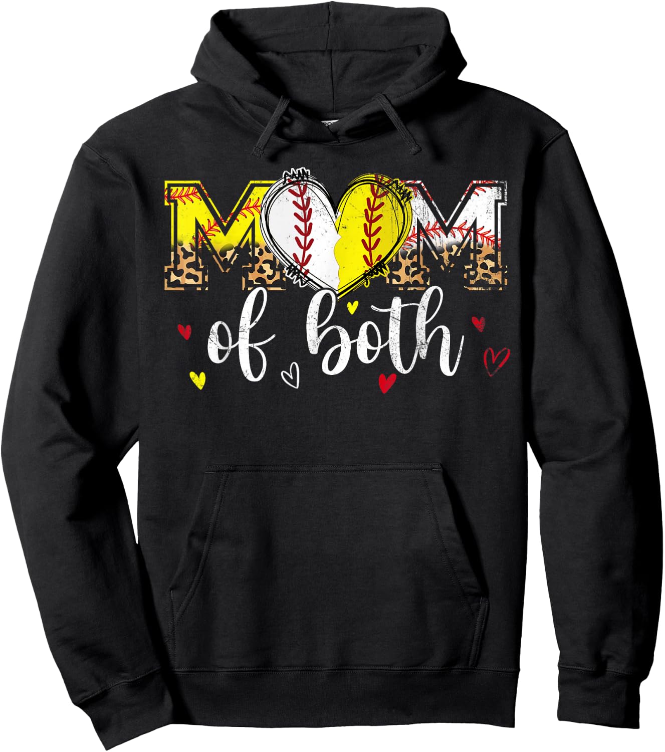 Mom Of Both Baseball Softball Heart Leopard Mothers Day Mama Hoodie - Hoodie | Black
