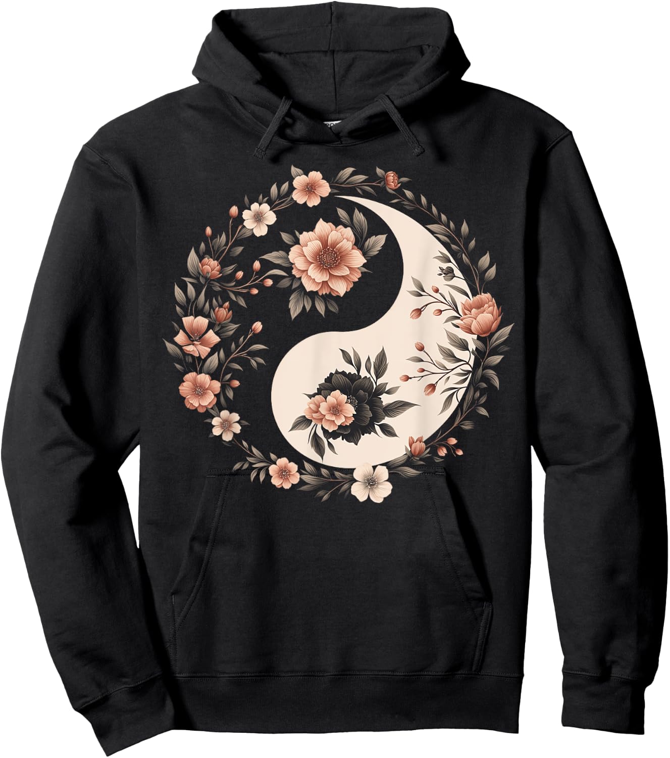 Cool Yin and Yang Symbol Floral Art Style Men Women Hoodie - Hoodie | Black