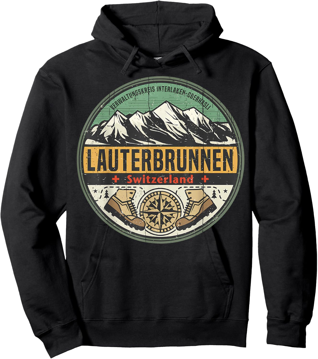 Vintage Lauterbrunnen, Switzerland Mountain Hiking Nature Hoodie - Hoodie | Black