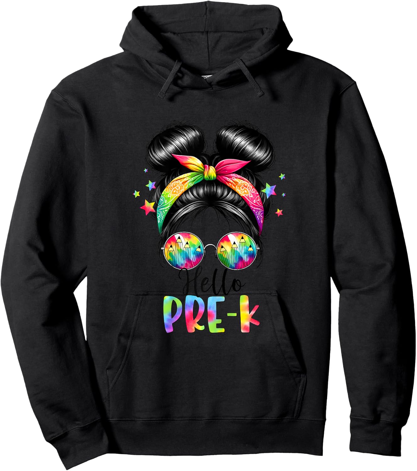 Hello Pre-K Messy Hair Bun Girl Back To School First Day Hoodie - Hoodie | Black