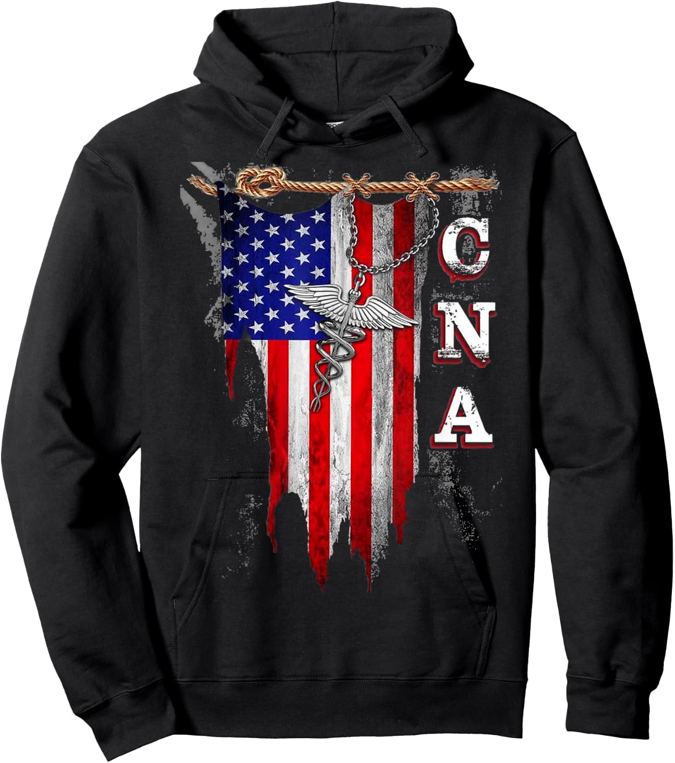 Proud CNA - American Flag Torn - Caduceus Hoodie - Hoodie | Black
