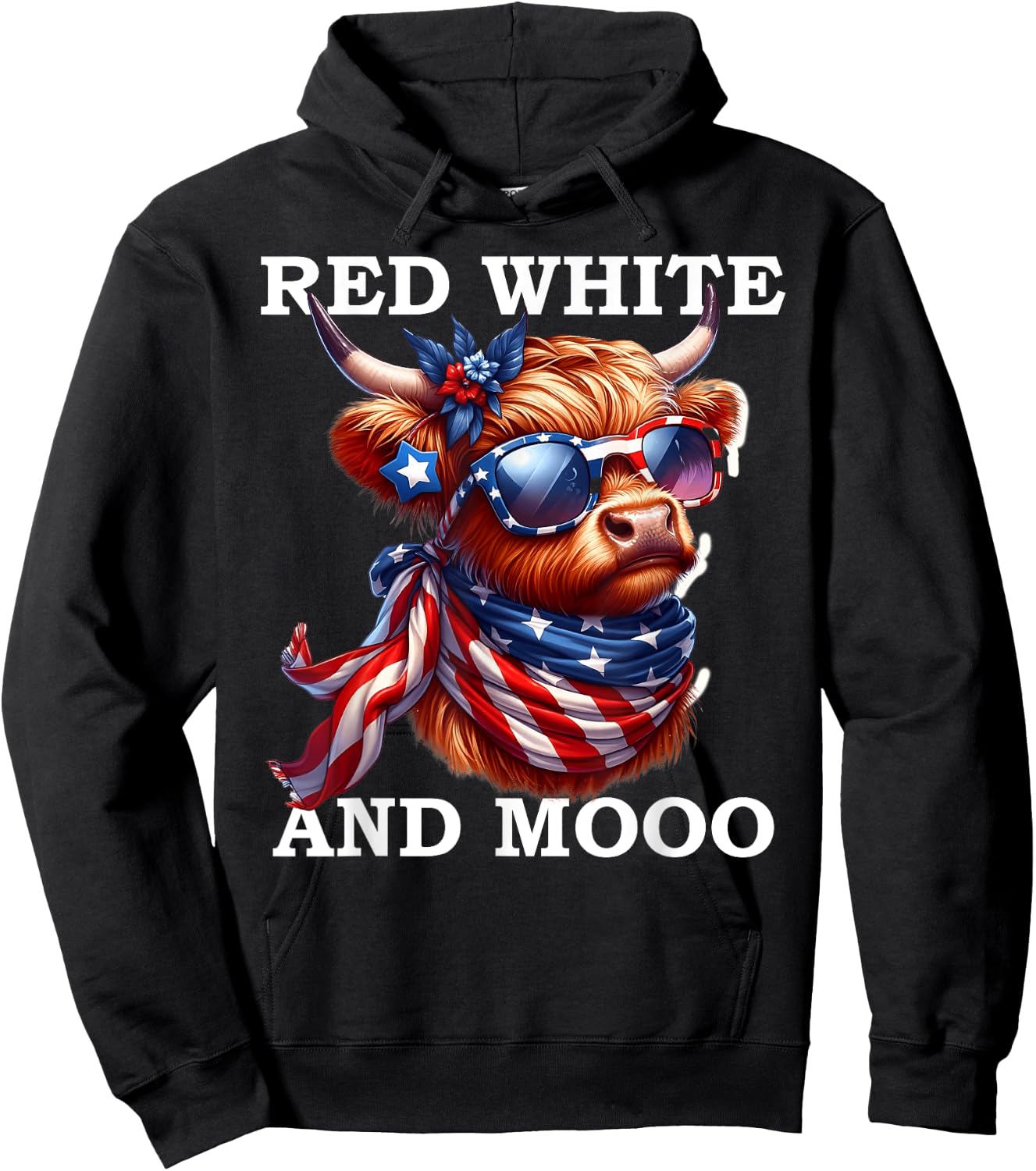 Red White and Moo Patriotic Cow USA Flag Funny 4th of July Hoodie - Hoodie | Black