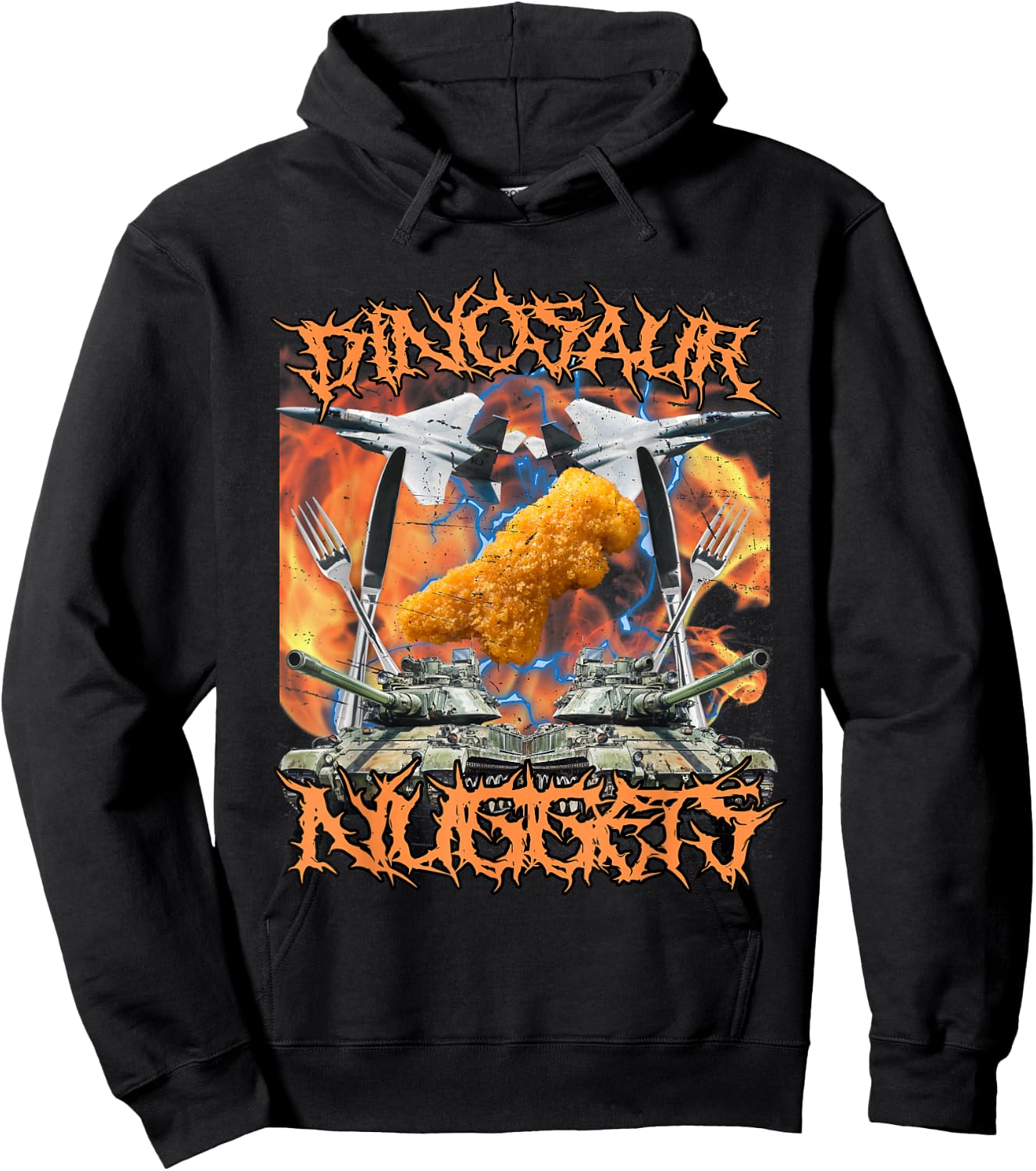 Funny Dinosaur Chicken Nugget Bootleg Hardcore Flames Meme Hoodie - Hoodie | Black