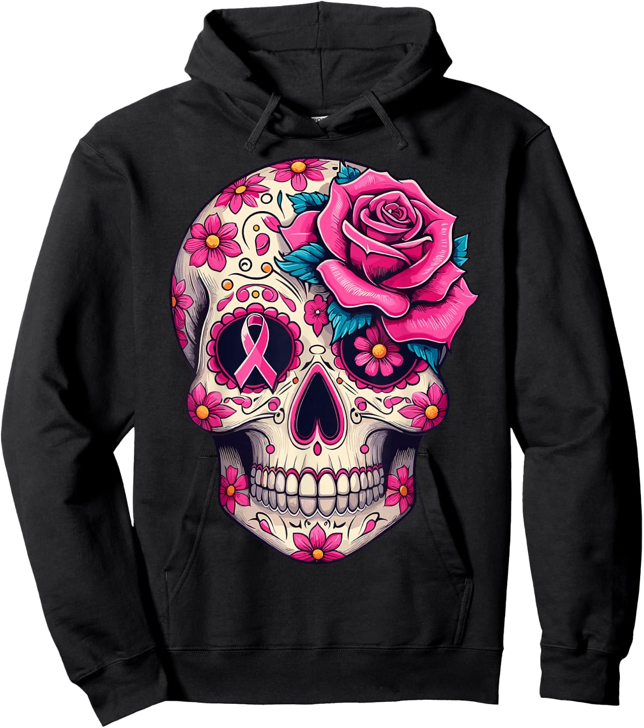 Sugar Skull Pink Ribbon Calavera Breast Cancer Awareness Hoodie - Hoodie | Black