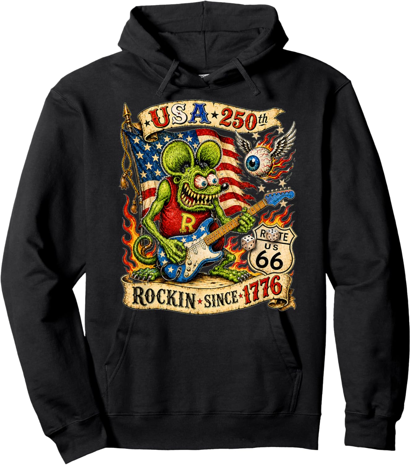 USA 250 Rat Fink Roote Guitar Music Highway 66 Vintage Retro Hoodie - Hoodie | Black