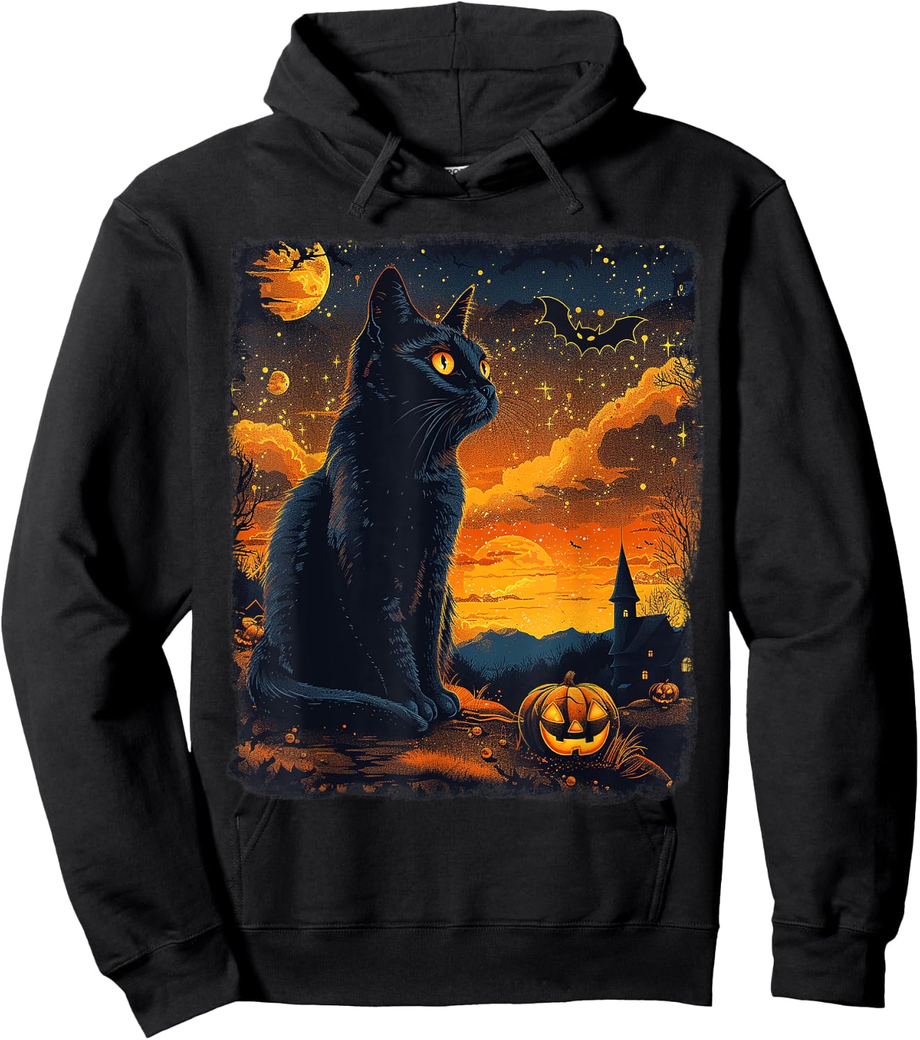 Black Cat Starry Night Van Gogh Pumpkins Bats Halloween Crew Hoodie - Hoodie | Black