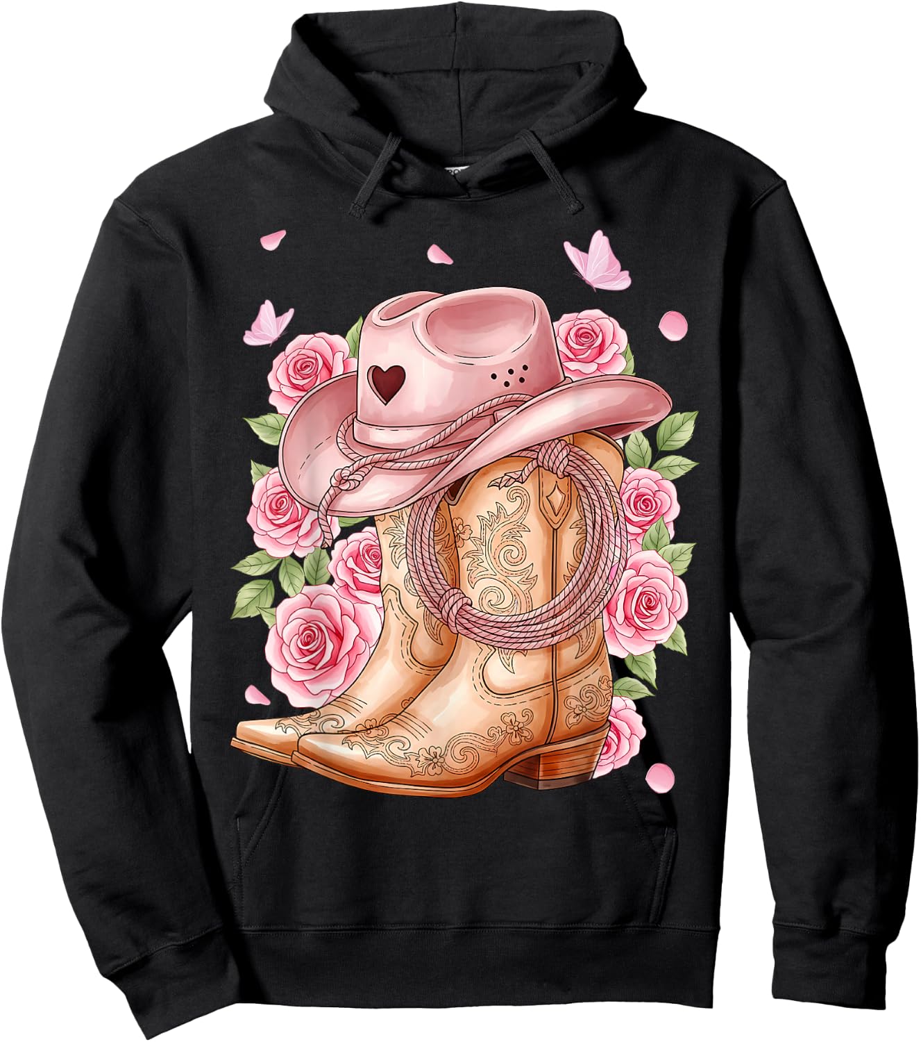 Western Country Pink Cowboy Boots Cowgirl Hat and Roses Hoodie - Hoodie | Black