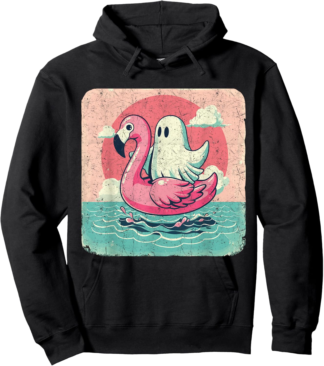 Funny Pool Vintage Ghost On A Pink Flamingo Summer Halloween Men Women Hoodie - Hoodie | Black
