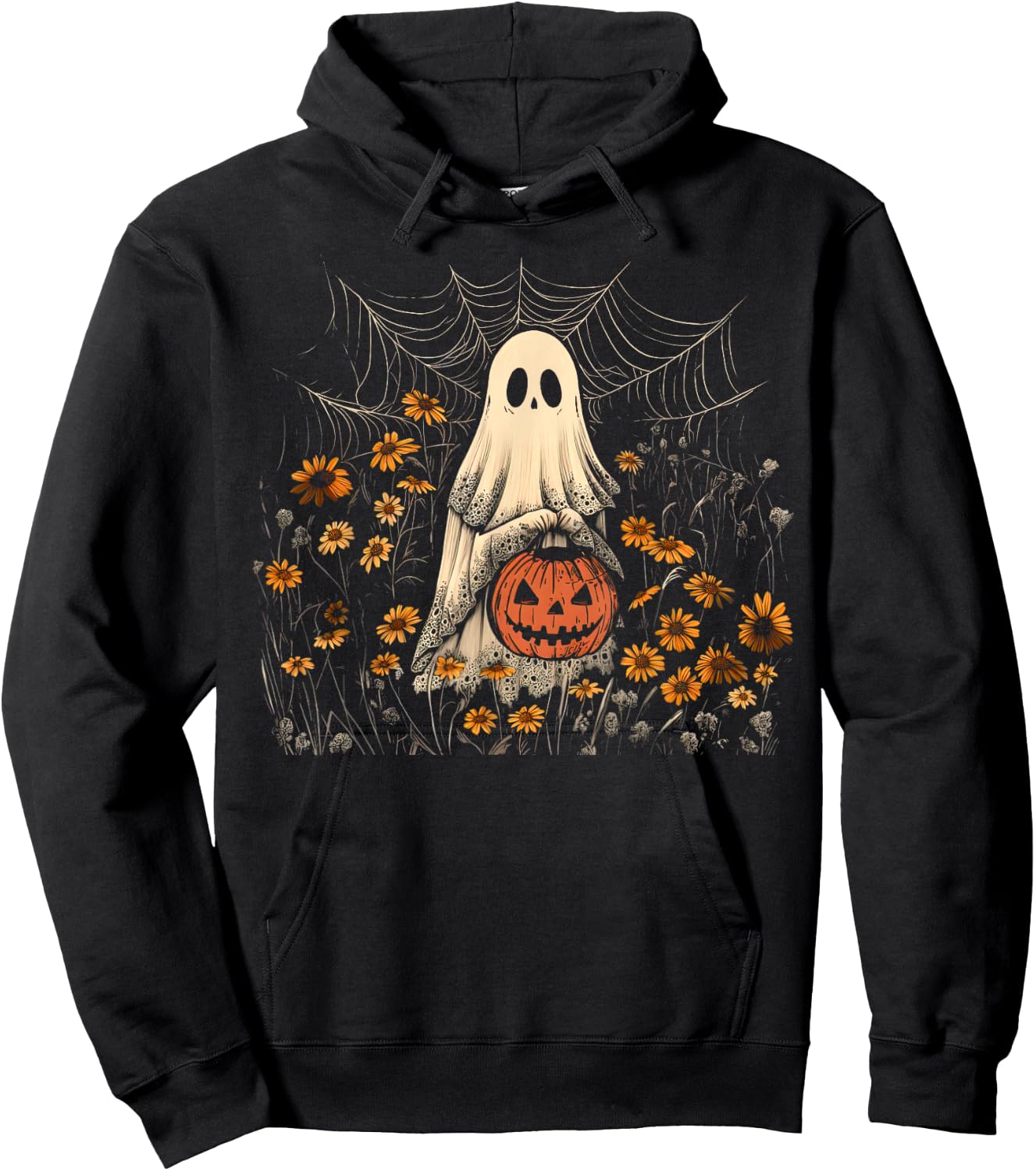 Retro Floral Lace Ghost Pumpkin Spooky Halloween Girls Women Hoodie - Hoodie | Black