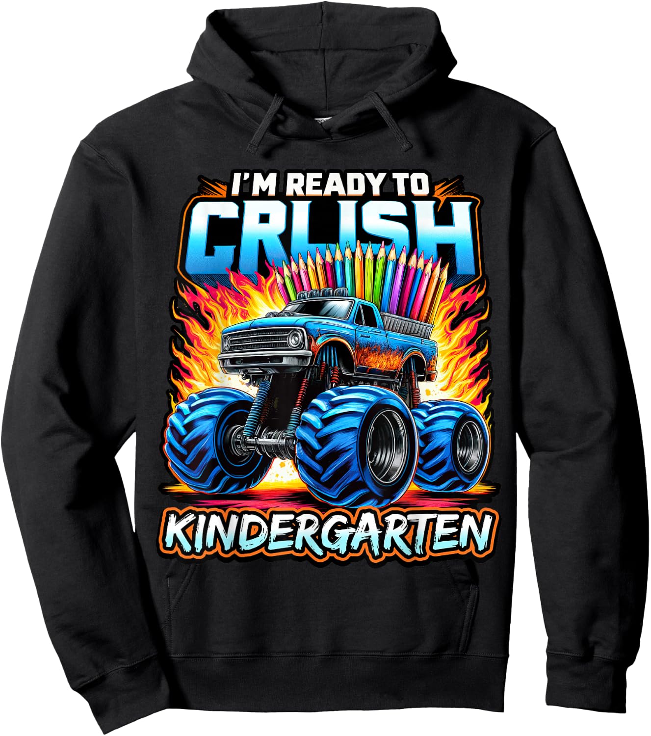 Back to School Kindergarten Monster Truck Ready to Crush Boy Hoodie - Hoodie | Black