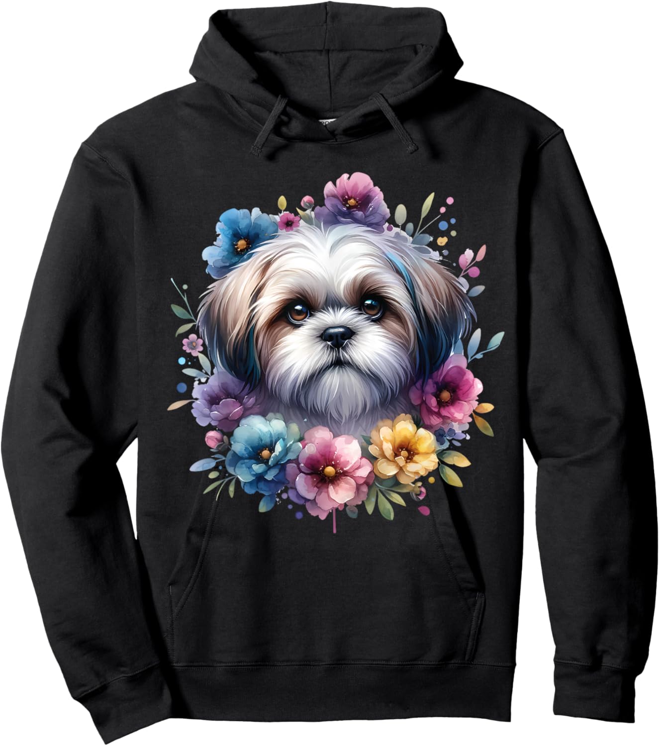 Watercolor Floral Shih Tzu Mama Dog Lovers Mother's Day Hoodie - Hoodie | Black