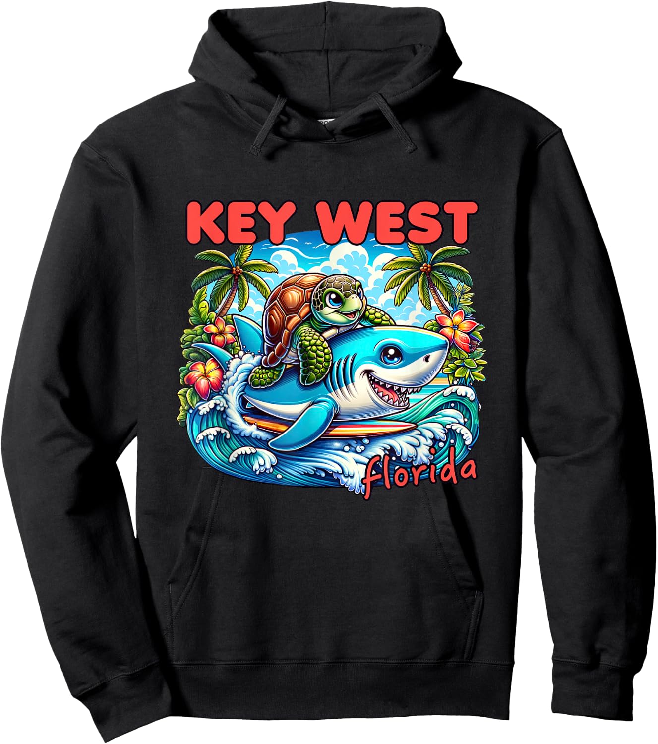 Key West Florida Beach Turtle and Shark Hoodie - Hoodie | Black