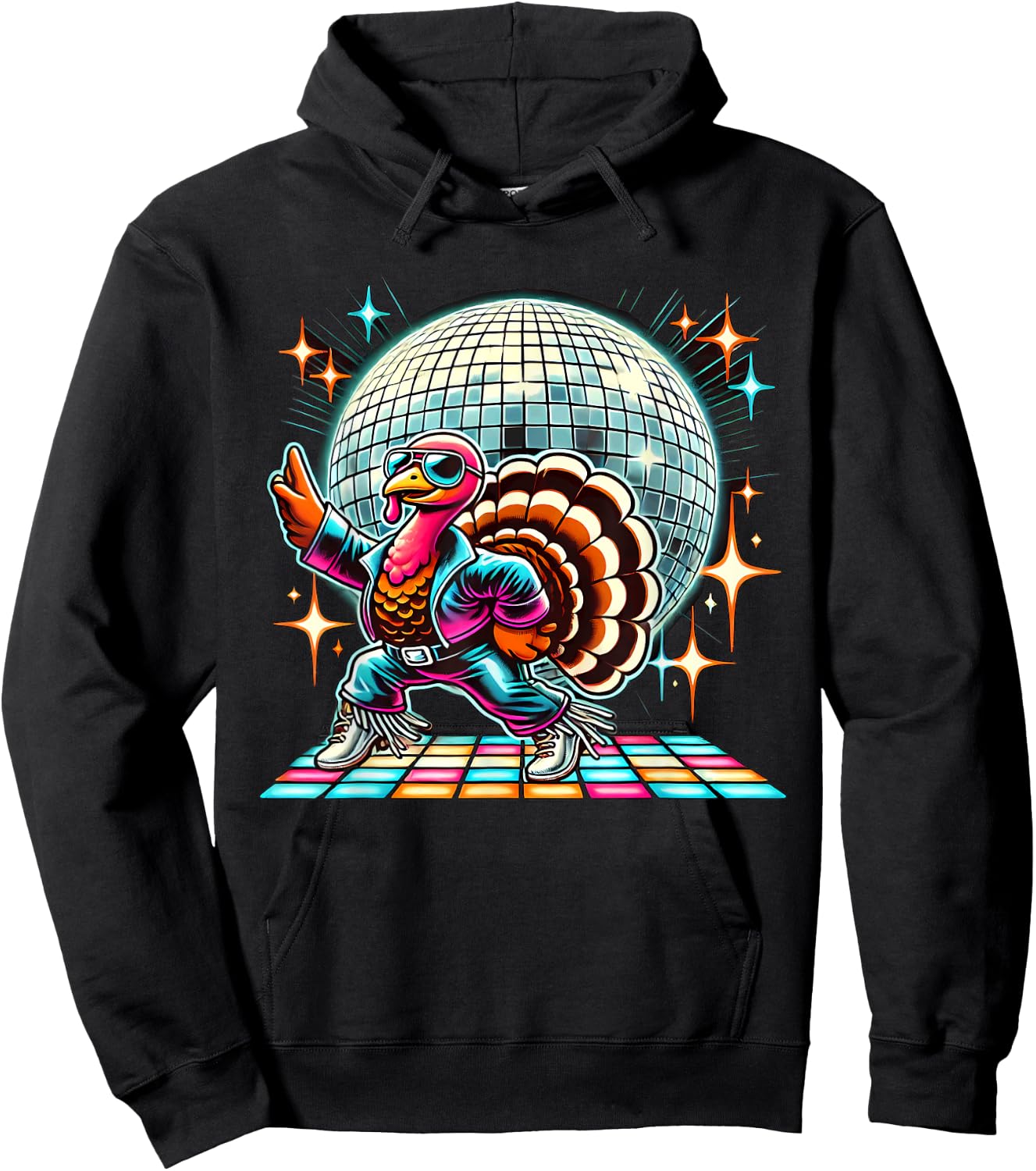 Disco Turkey Halloween -Adult Black Cartoon Turkey Disco Small Straight Short Sleeve Hoodie - Hoodie | Black