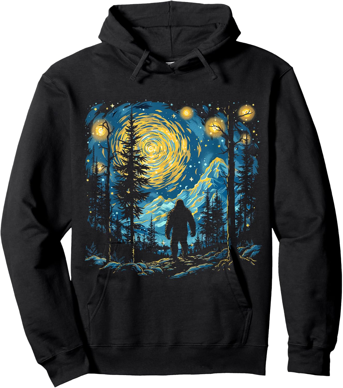 Funny Bigfoot Starry Night Sasquatch Van Gogh Sky Painting Hoodie - Hoodie | Black