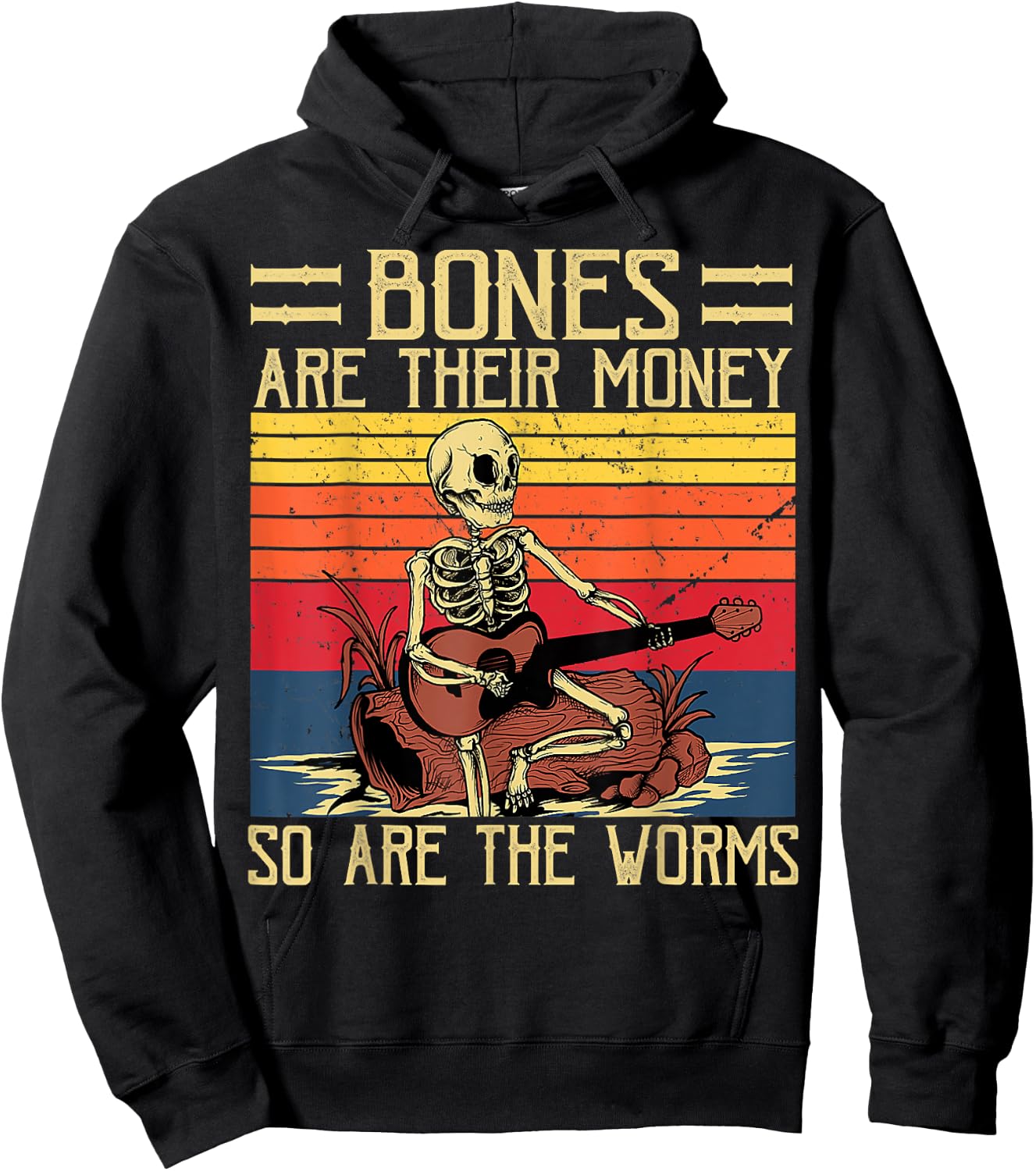 Bones Are Their Money, Skeleton Playing Guitar Retro Vintage Hoodie - Hoodie | Black