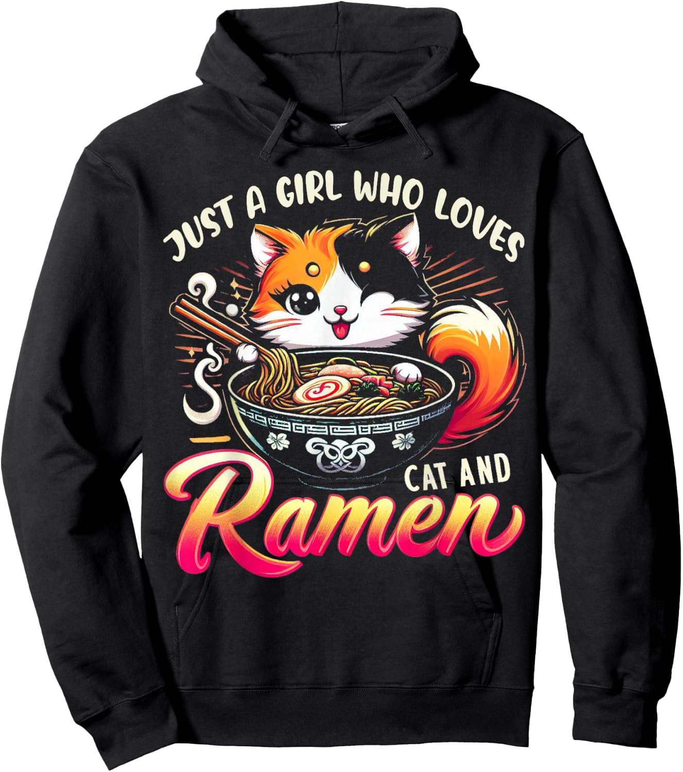 Just a Girl Who Loves Cat And Ramen Cute Cat Loves Ramen Hoodie - Hoodie | Black