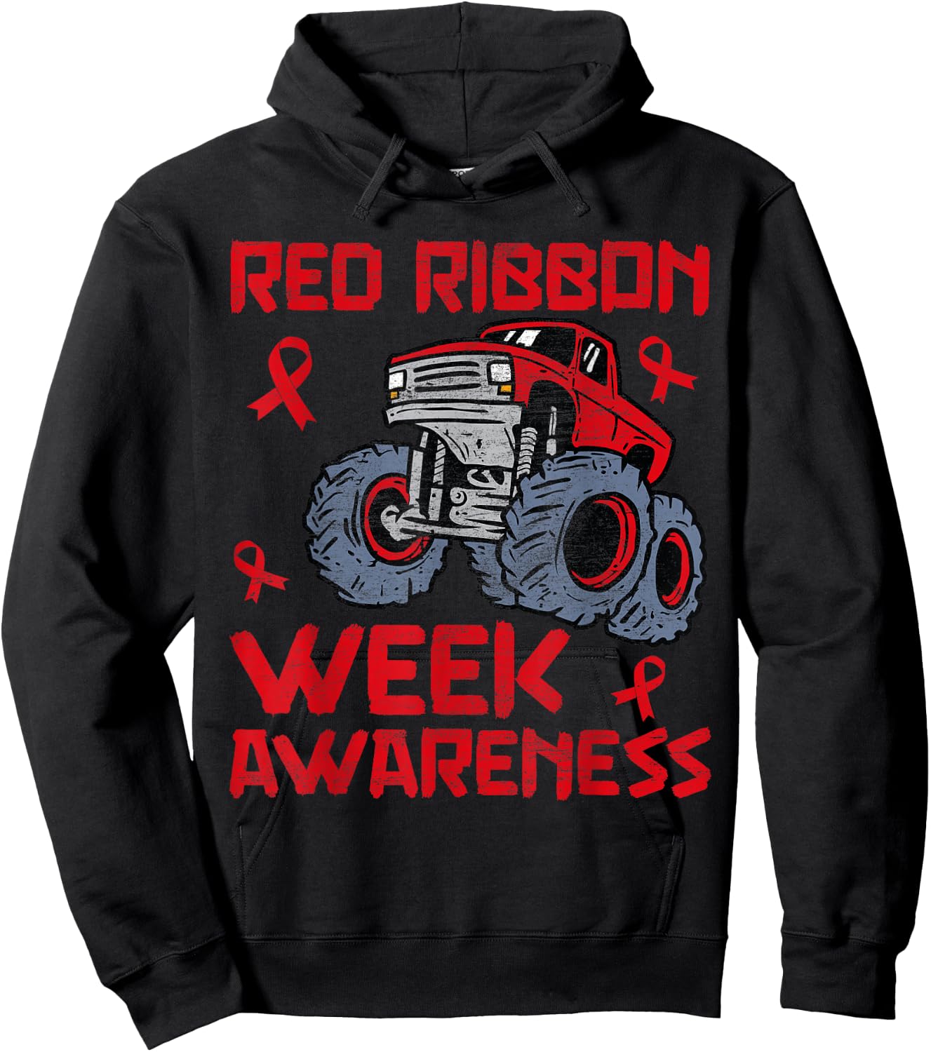 Red Ribbon Week Awareness Monster Truck Toddler Teens Kids Hoodie - Hoodie | Black