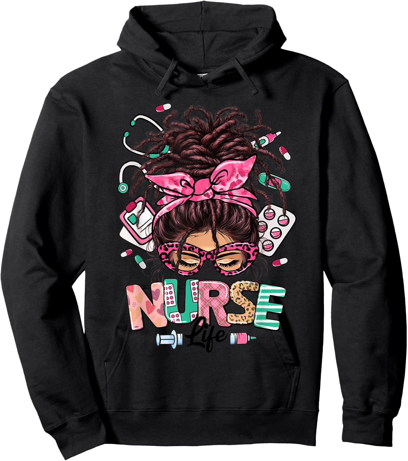 Nurse Life Black Women Messy Bun Loc Hair Nurse Gifts Hoodie - Hoodie | Black