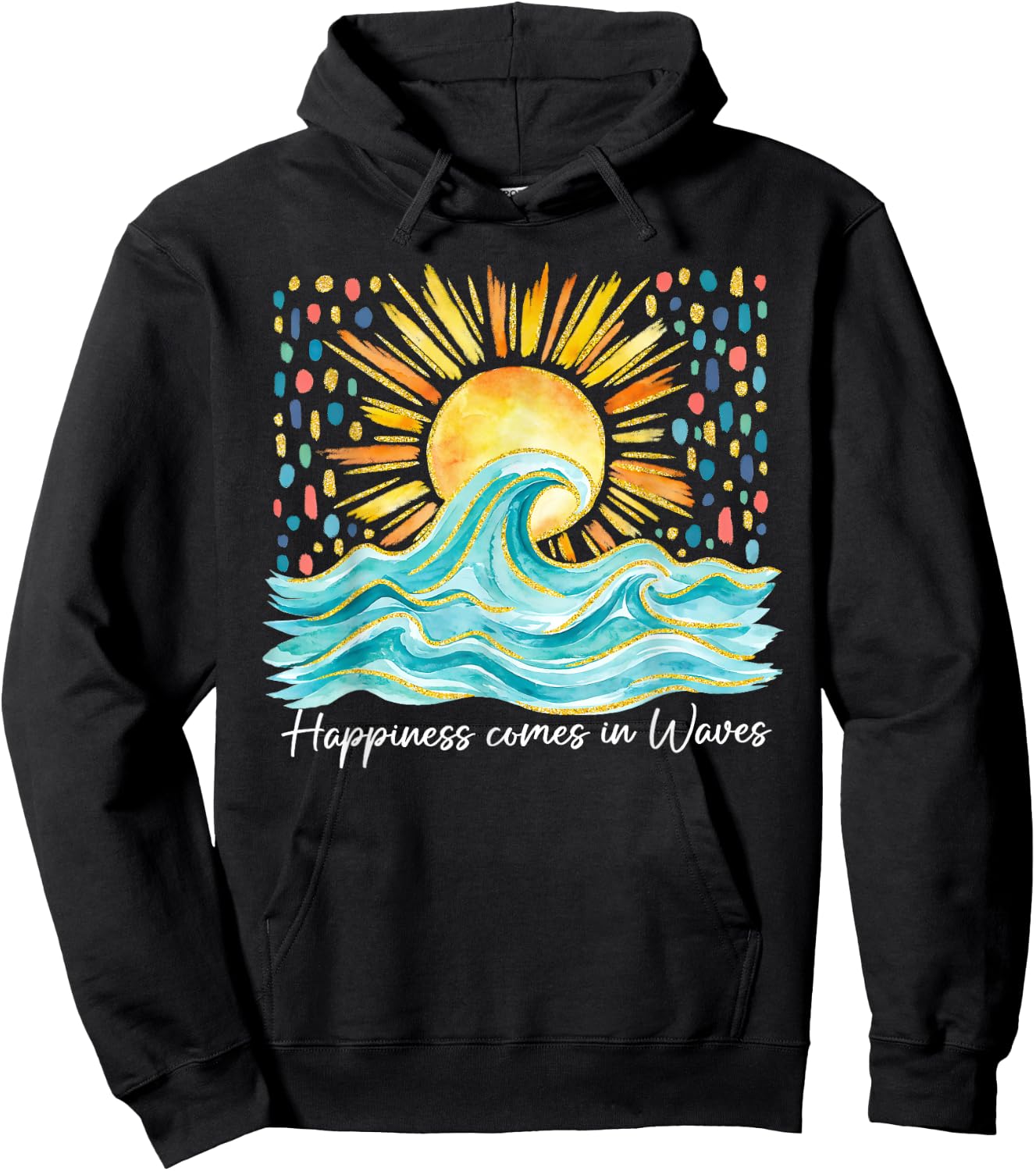 Happiness Comes in Waves Hawaii Beach Sunset Summer Vacation Hoodie - Hoodie | Black