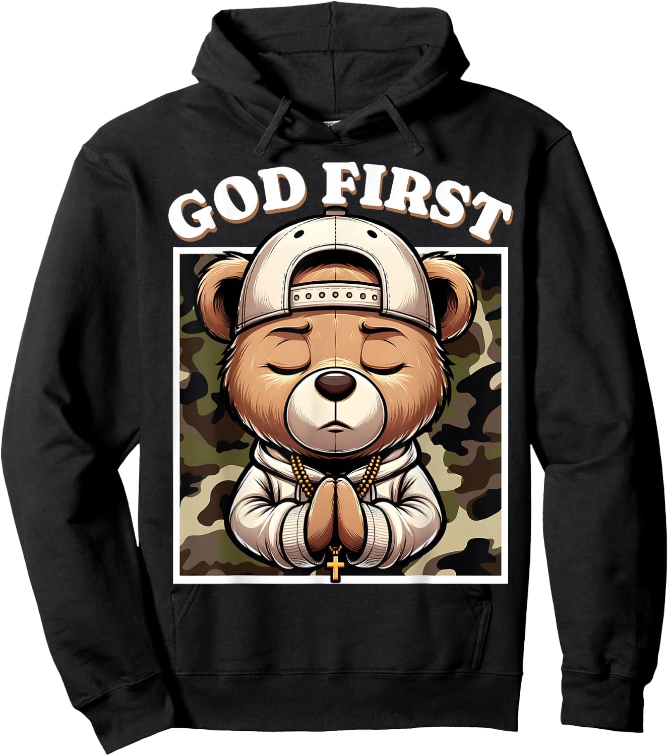 God First Hip Hop Camo Teddy Bear Christian Streetwear Pray Hoodie - Hoodie | Black
