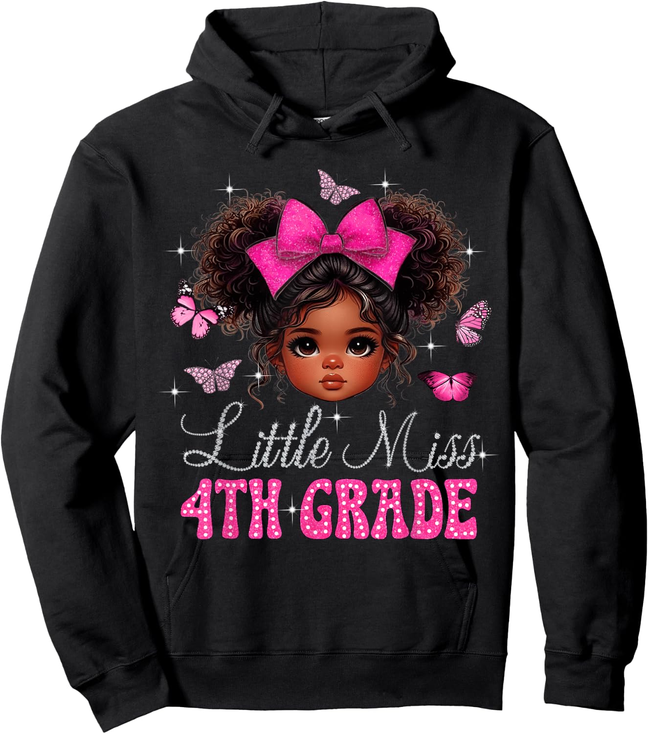 Little Miss 4th Grade Messy Bun Black Girls Back To School Hoodie - Hoodie | Black