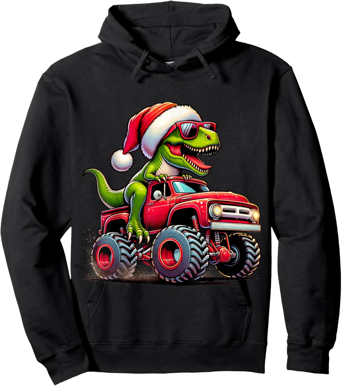 Christmas T Rex Monster Truck Boys Dinosaur Santa Xmas Funny Hoodie - Hoodie | Black