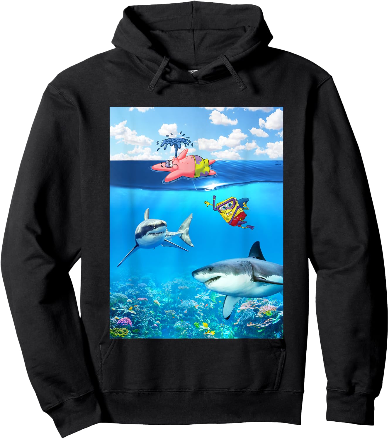 SpongeBob SquarePants & Patrick Swimming With Sharks Hoodie - Hoodie | Black