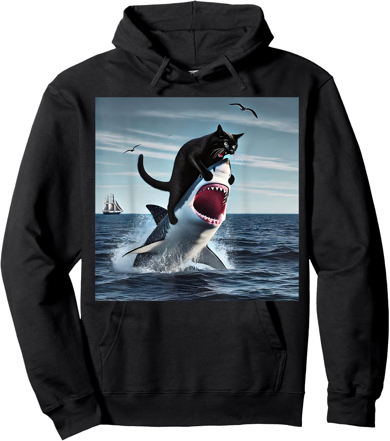 funny Art & Cat Lover Quote Cat Biting Shark Cool Black Cat Men Women Hoodie - Hoodie | Black