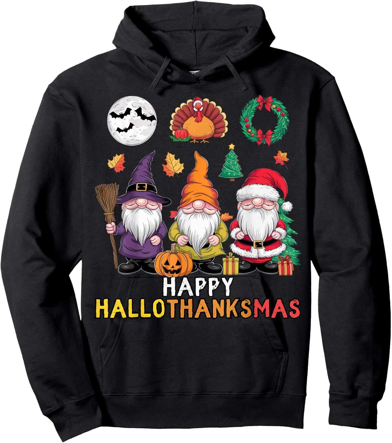 Happy Hallothanksmas Christmas Halloween Gnomes Thanksgiving Hoodie - Hoodie | Black
