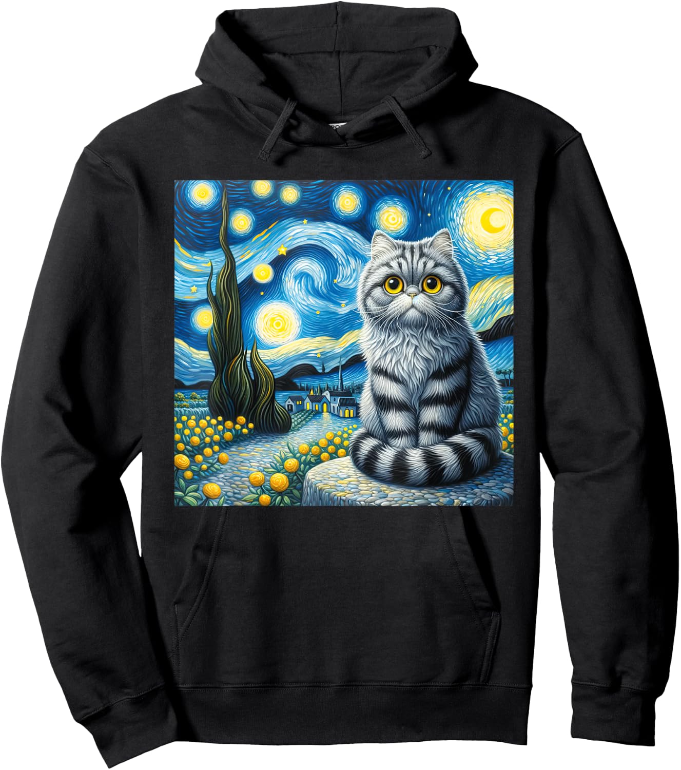 Cute Cat Van Gogh Starry Night Art painting Artistic Hoodie - Hoodie | Black
