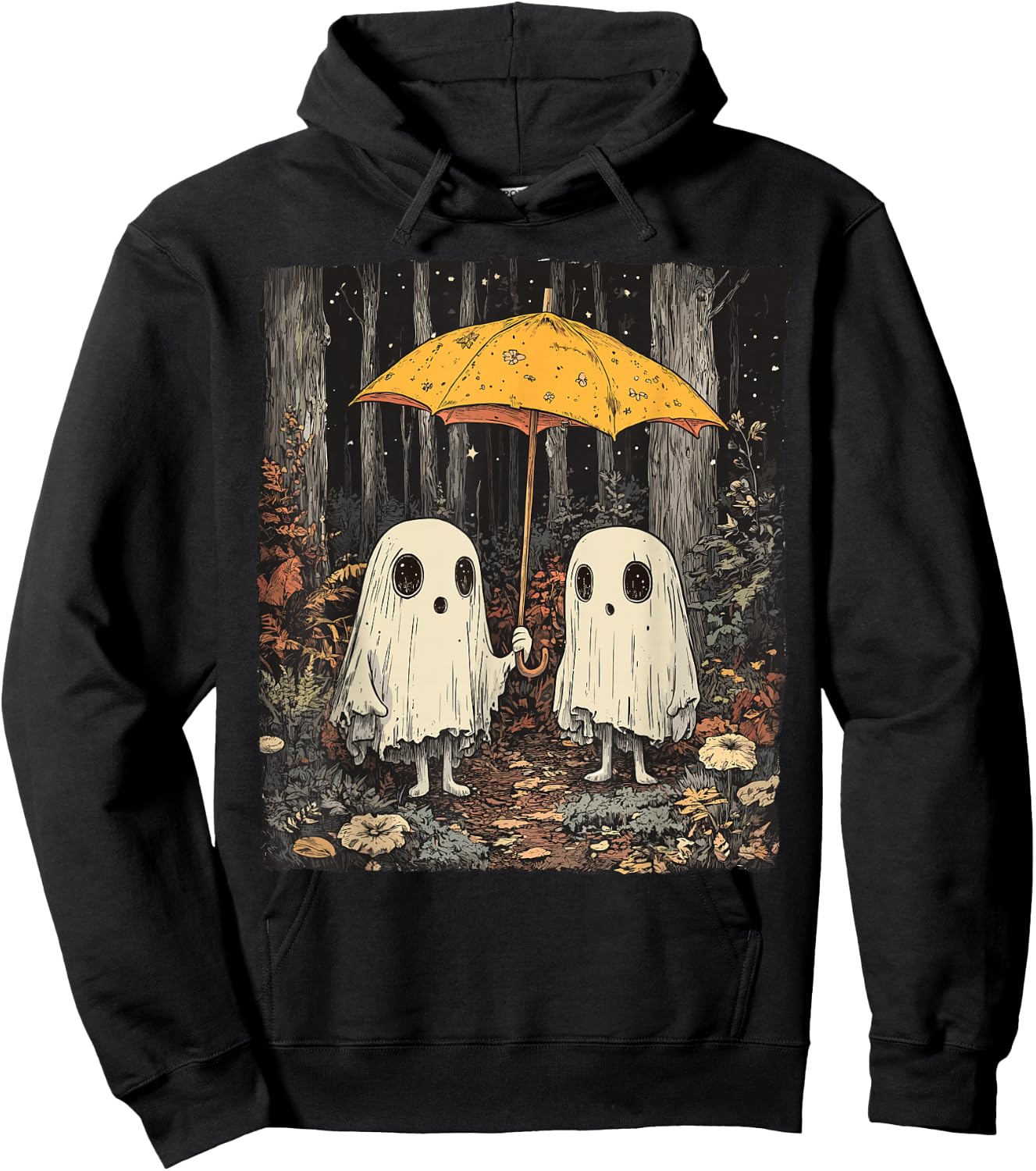 Vintage Floral Ghost Halloween Ghost in the Forest Gothic Hoodie - Hoodie | Black