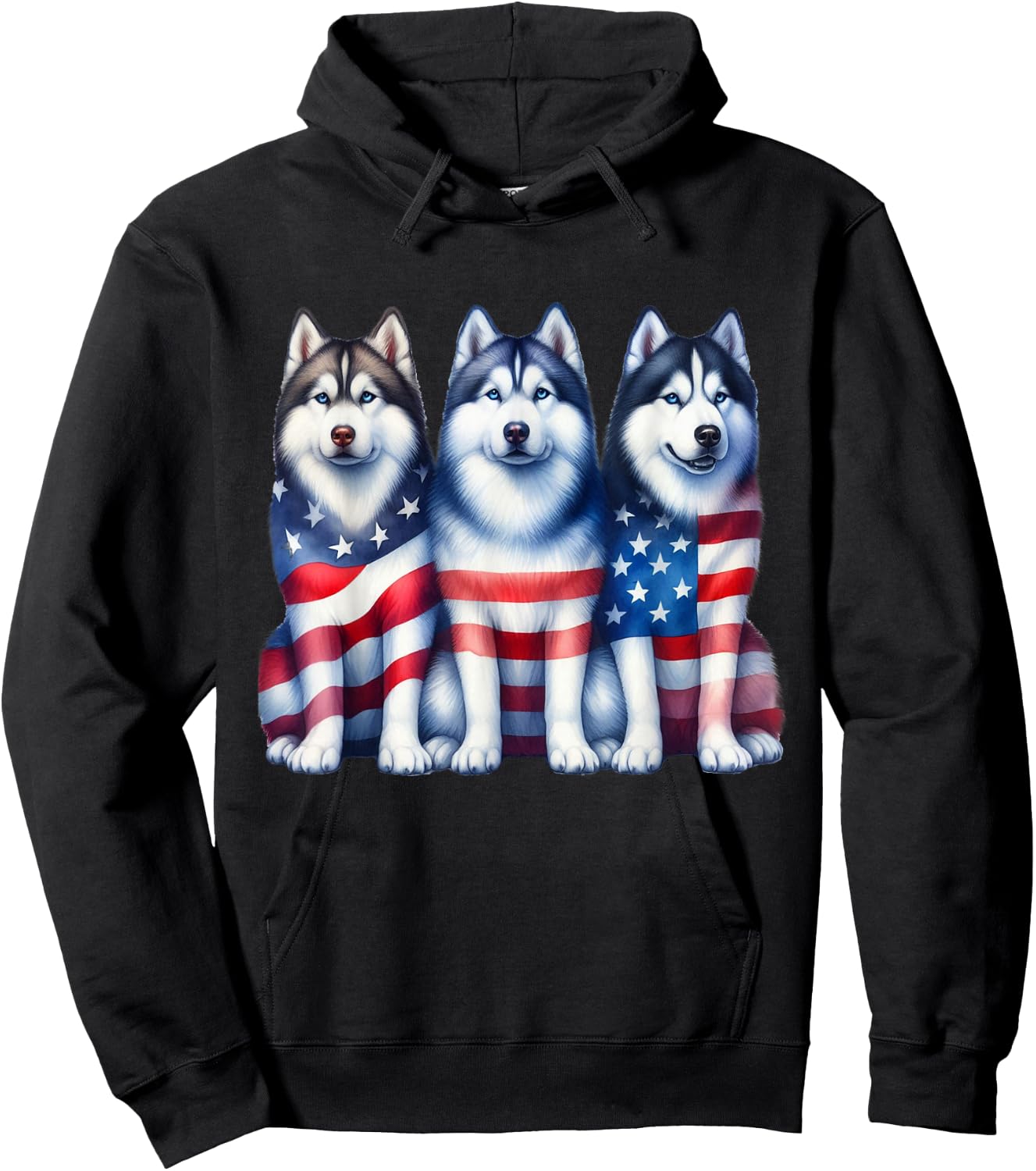 Three Husky Dog American USA Flag 4th of July Dog Lover Women Kids Men Hoodie - Hoodie | Black