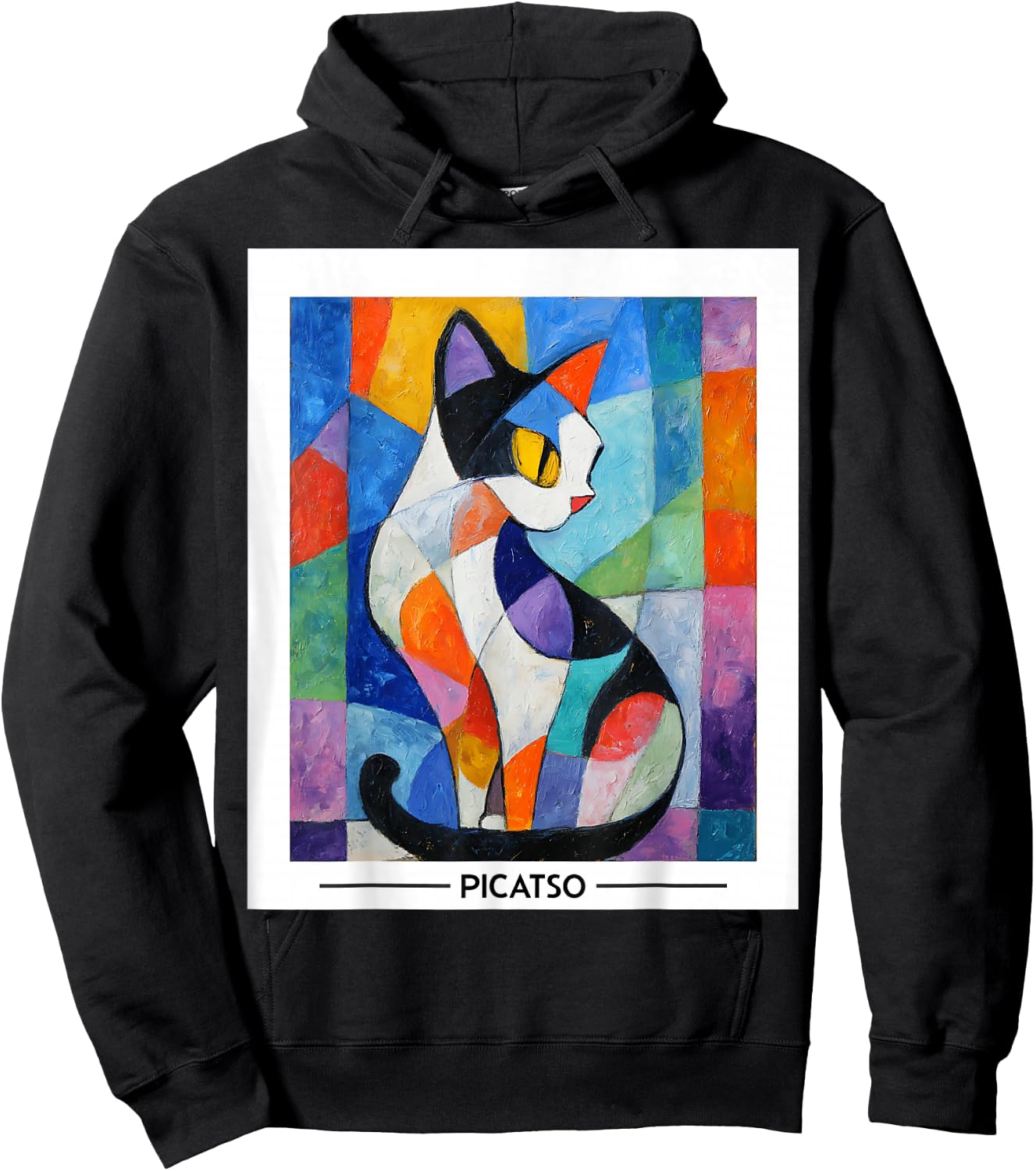 Abstract Cubist Cat Art Design -- Bold Colorful Picatso Gato Hoodie - Hoodie | Black
