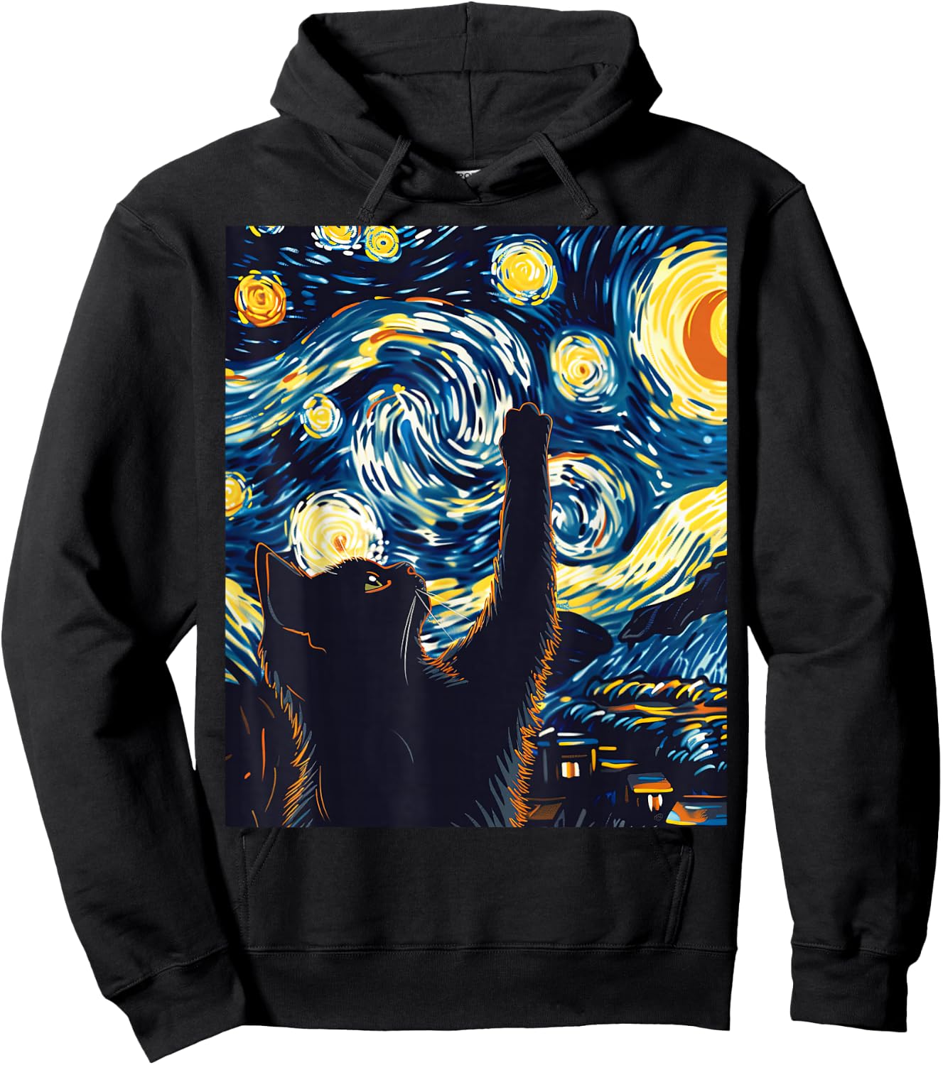 Cute Cat Van Gogh Style Starry Night Art Hoodie - Hoodie | Black