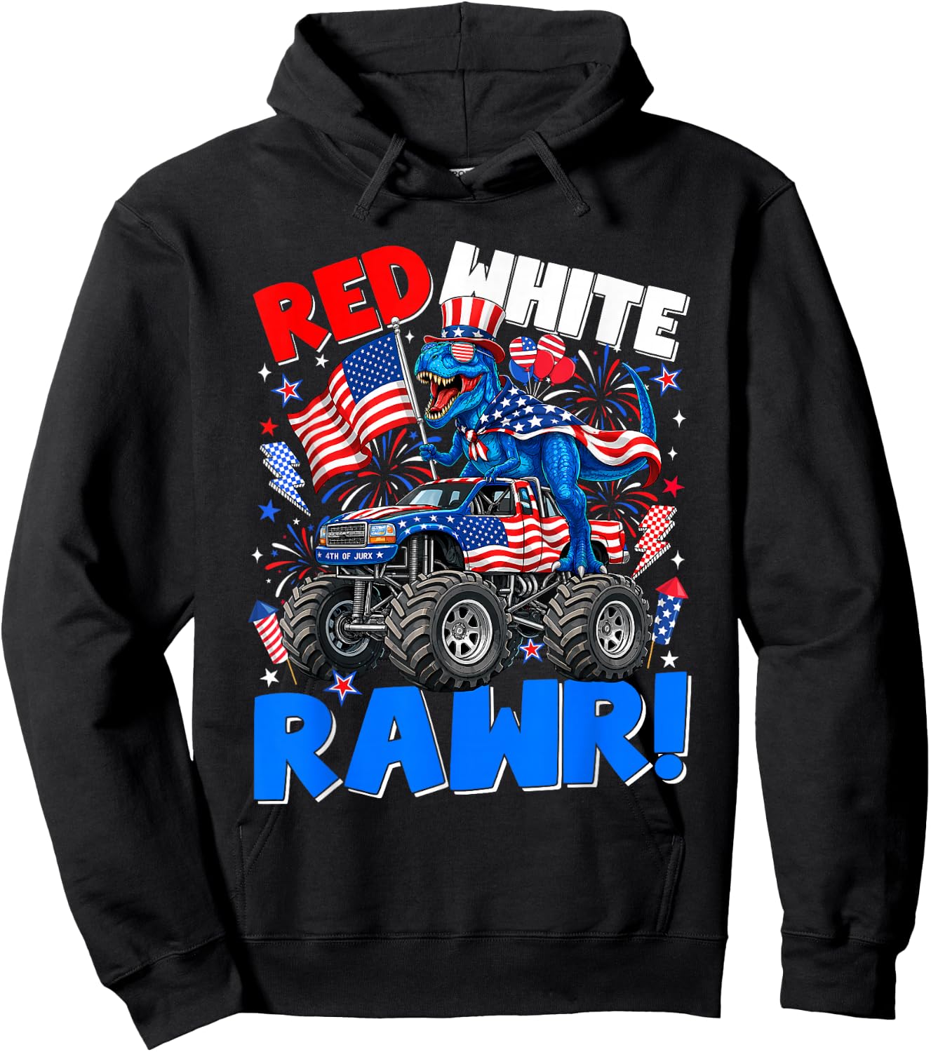 Red White Rawr T-Rex Monster Truck 4th of July Patriotic Boy Hoodie - Hoodie | Black